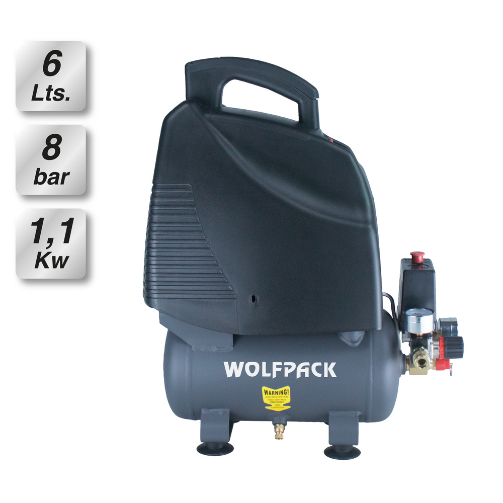 WOLFPACK LINEA PROFESIONAL Compresor Aire Wolfpack 6 Litros / 8 Bares / 1,1 Kw - 1,5 HP Sin Aceite