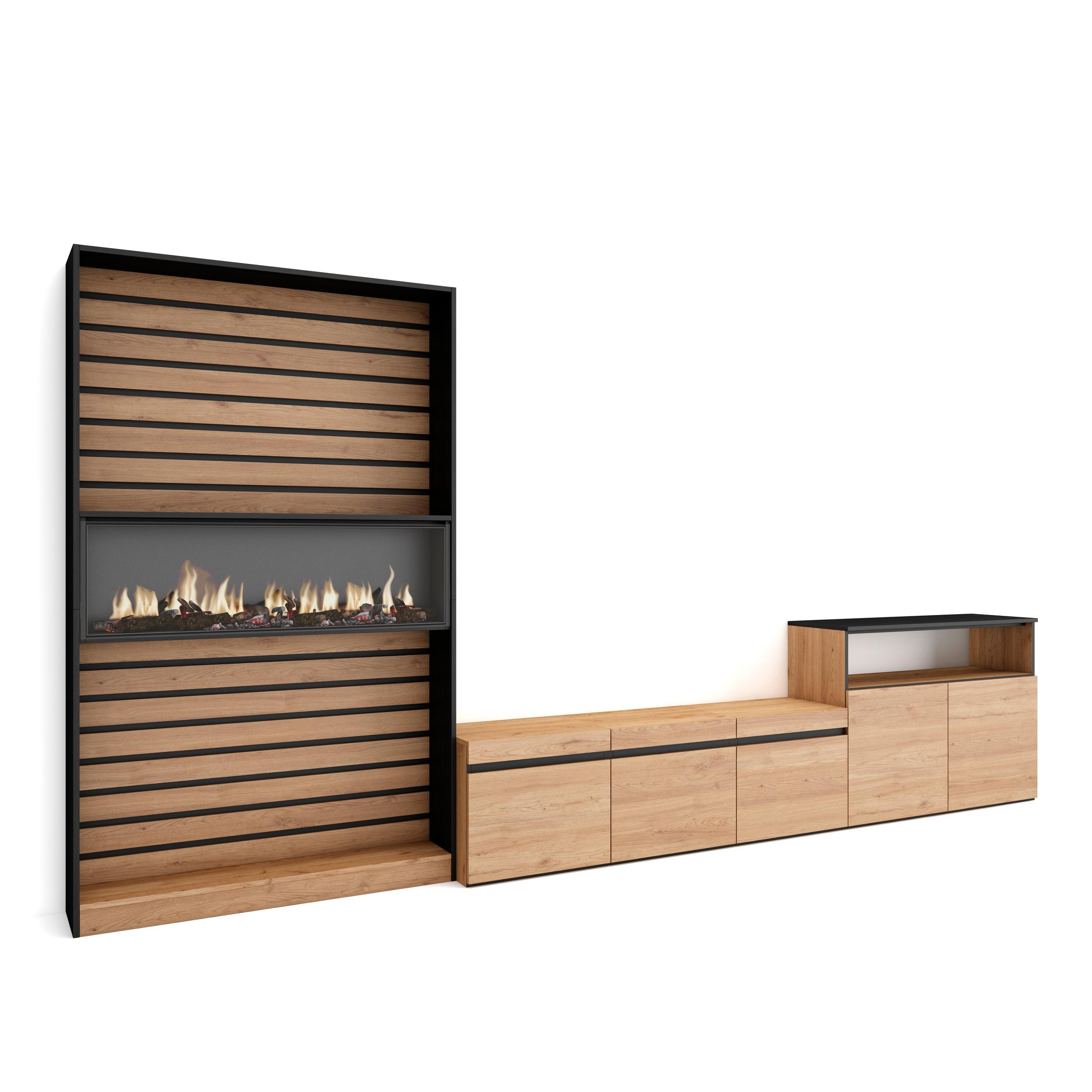 Skraut Home, Conjunto de muebles de Salón, Mueble TV con tres puertas, Aparador con dos puertas, Estantería con Fuego XXL led efecto 3d, 360x35x186cm