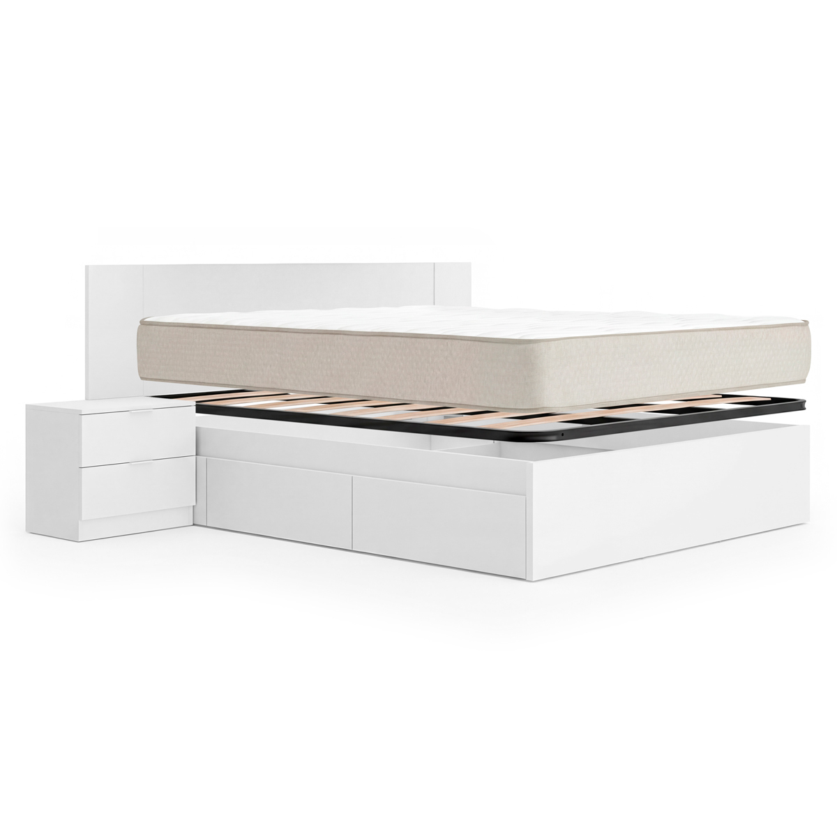 Pack ahorro matrimonio Cama compacta, Cabecero y 2 Mesitas Len, Colchón viscoelástico Nova Plus y Somier 150 x 190 cm