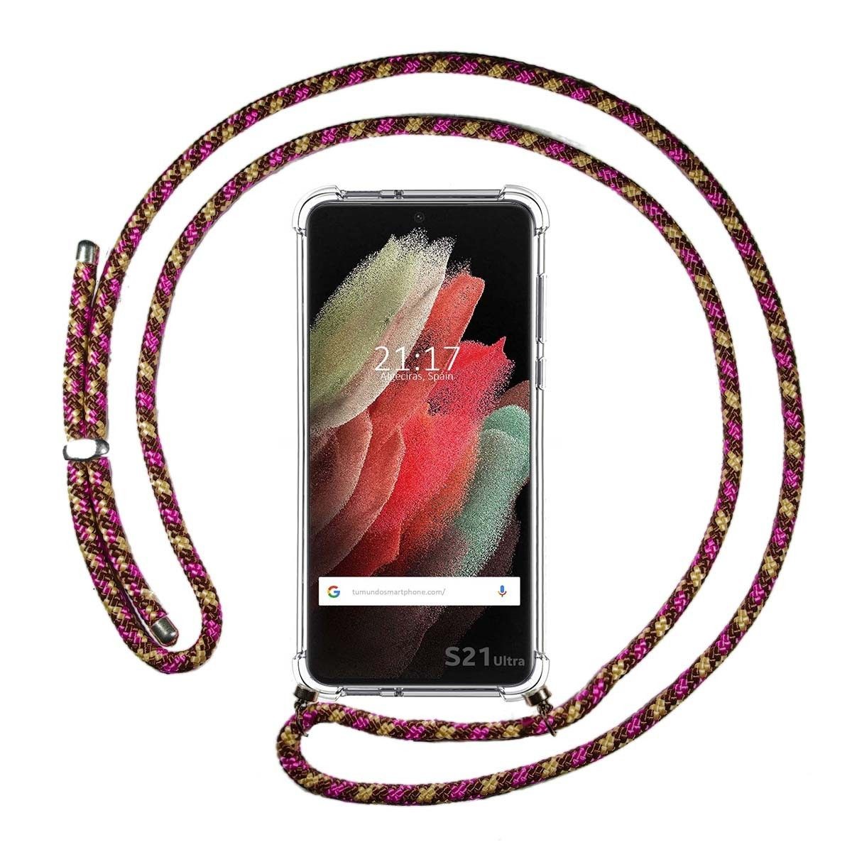 Tumundosmartphone Funda Colgante Transparente para Samsung Galaxy S21 Ultra 5G con Cordon Rosa / Dorado
