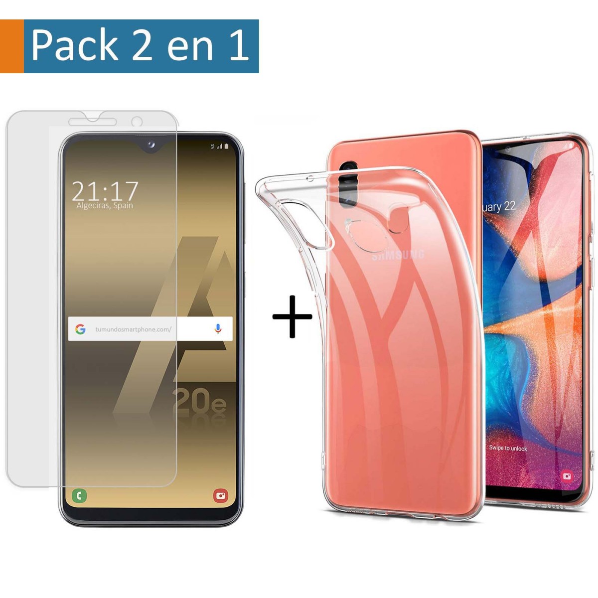 Tumundosmartphone Pack 2 En 1 Funda Gel Transparente + Protector Cristal Templado para Samsung Galaxy A20e 5.8