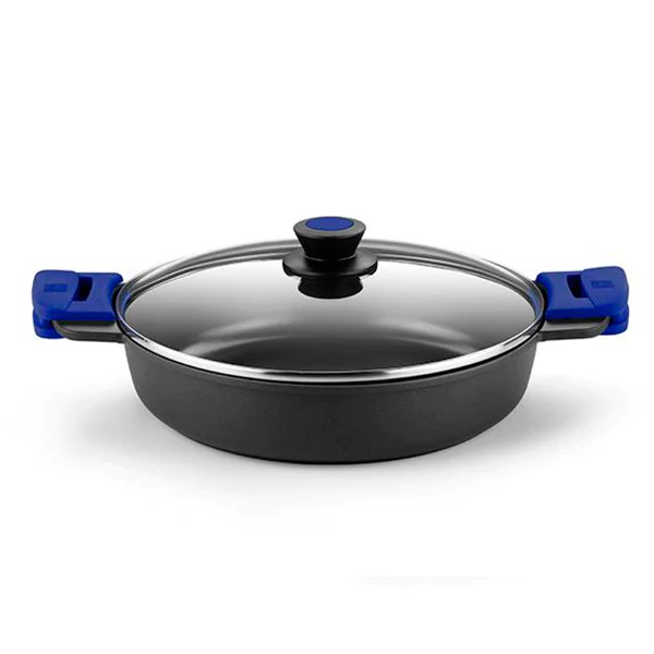 Bra - Cacerola Baja Advanced, De 28 a 32 cm, Aluminio Fundido, Incluye Tapa de Cristal y Asas de Silicona, Apta Inducción, Revestimiento Antiadherente