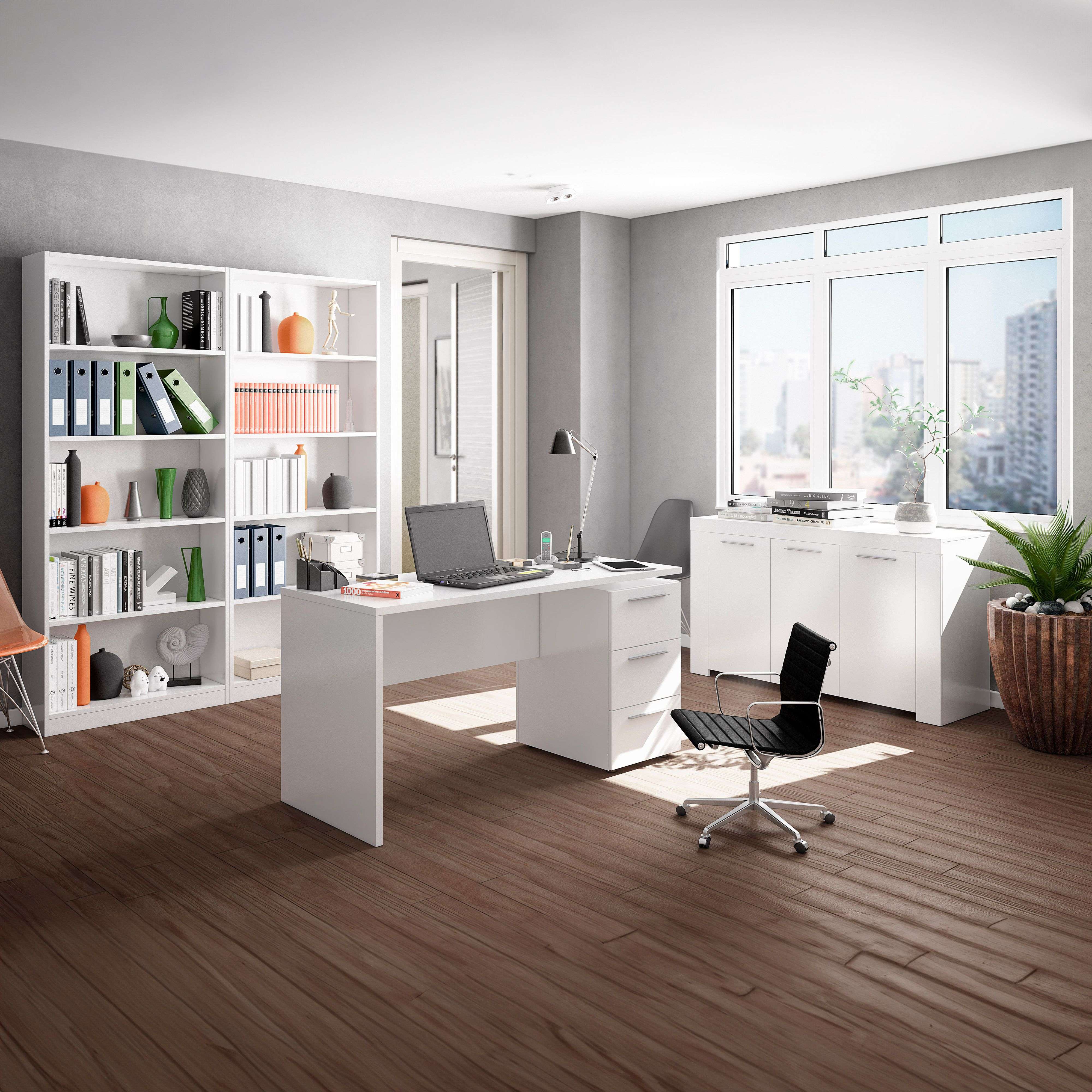 Miroytengo Conjunto muebles despacho blanco mobiliario moderno (Mesa Escritorio + Aparador + 2 Estanterías)