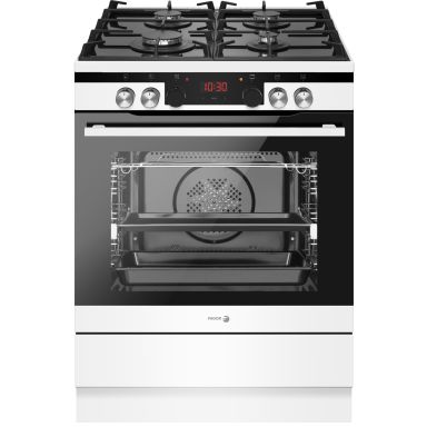 Cocina Gas on Glass 60cm 4 Quemadores Gas FAGOR 3CLG-610BB Horno Multifunción Steam Clean Soft Close Blanco