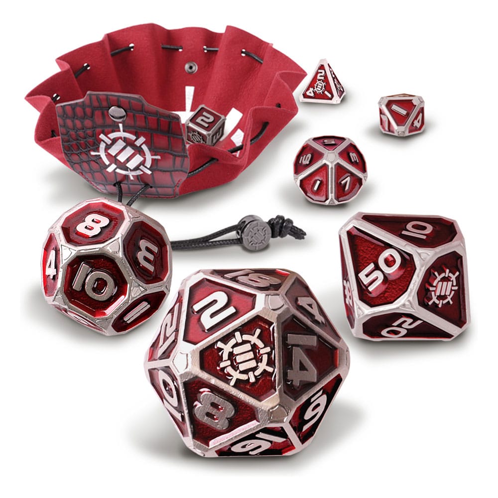 ENHANCE DND Juego de Dados de Metal - 7 Dados poliédricos con Bolsa de Dados de Cuero Vegano 2 en 1 y Bandeja de Dados, Dados de Metal sólido para Juegos de rol (Edición de Coleccionista Rojo)
