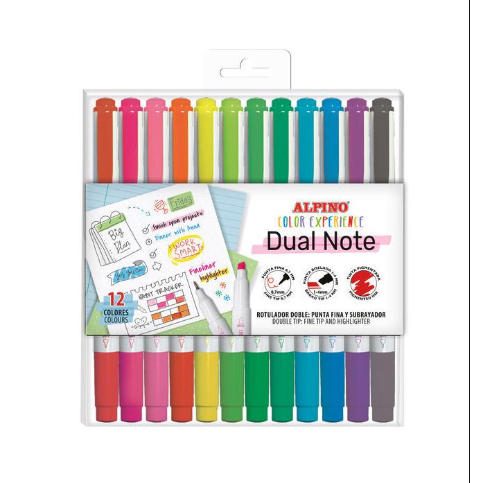 Rotuladores Alpino Dual Note – 12 Colores Surtidos con Doble Punta Fina y Biselada para Escritura, Subrayado y Creatividad