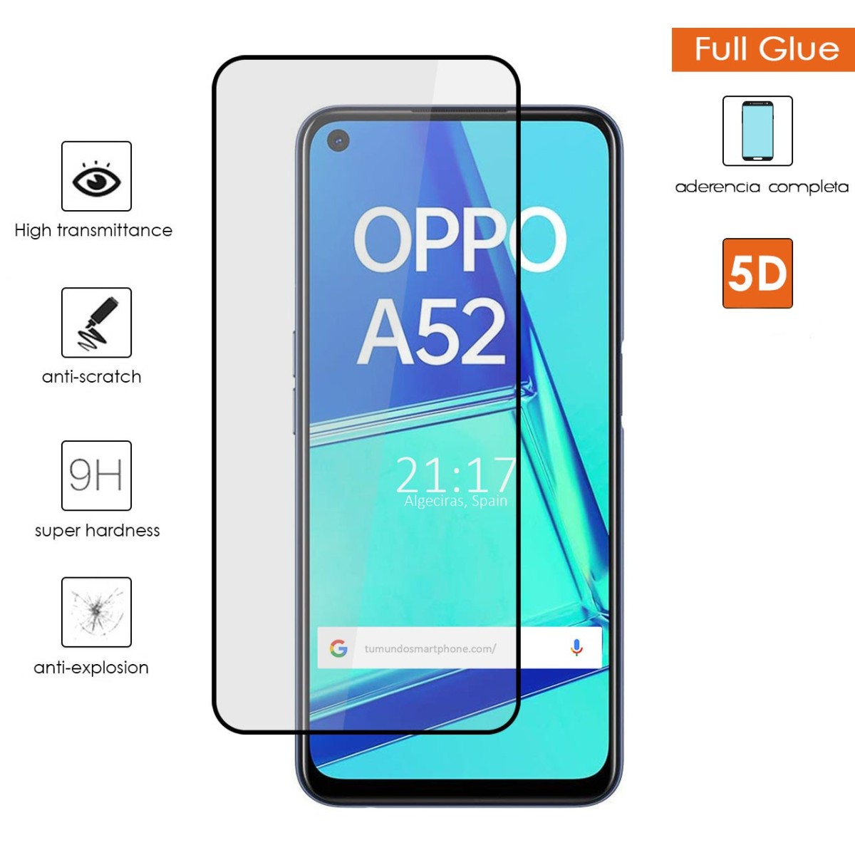 Tumundosmartphone Protector Cristal Templado Completo 5D Full Glue Negro para Oppo A52 / Oppo A72 Vidrio