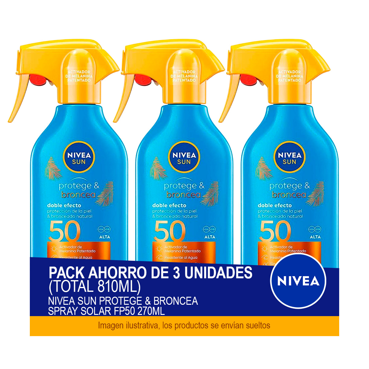NIVEA SUN Protege & Broncea Spray Solar FP50 270ml  - Pack ahorro de 3 unidades (total 810ml)