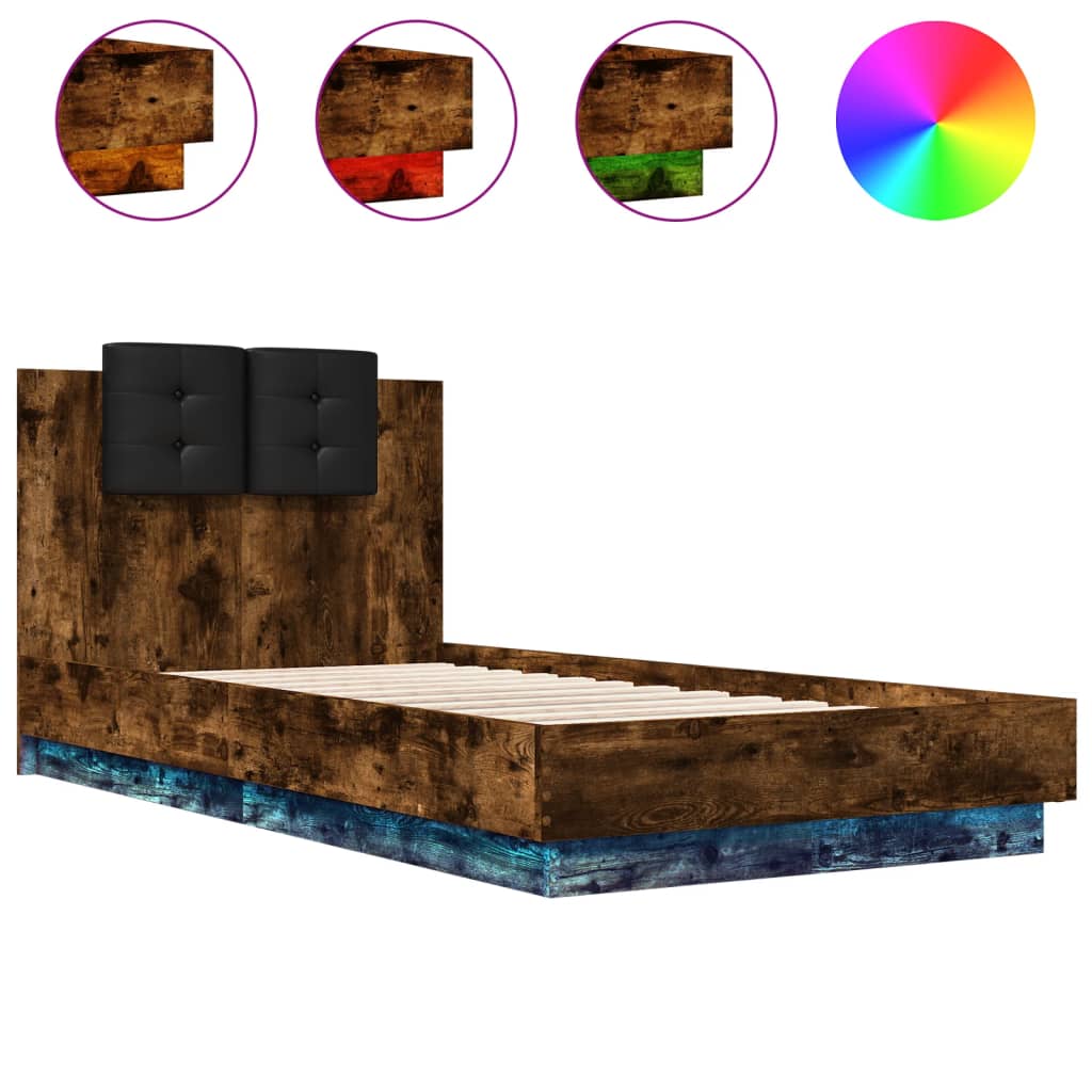 vidaXL Estructura de cama cabecero luces LED roble ahumado 75x190 cm