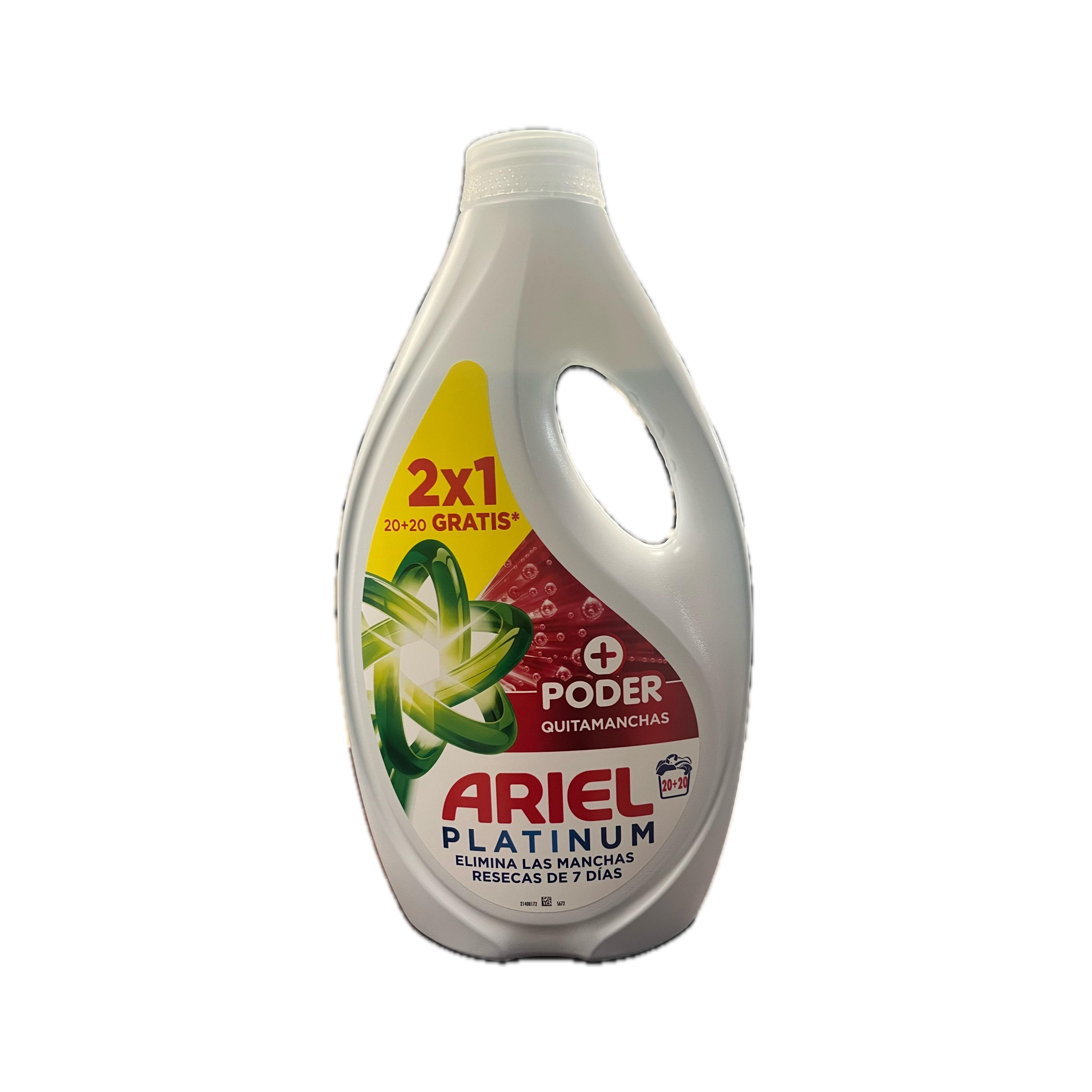 ARIEL Platinum Detergente Líquido Extra Poder Quitamanchas Oxi Botella 20+20 Lavados - Pack 4 Unidades
