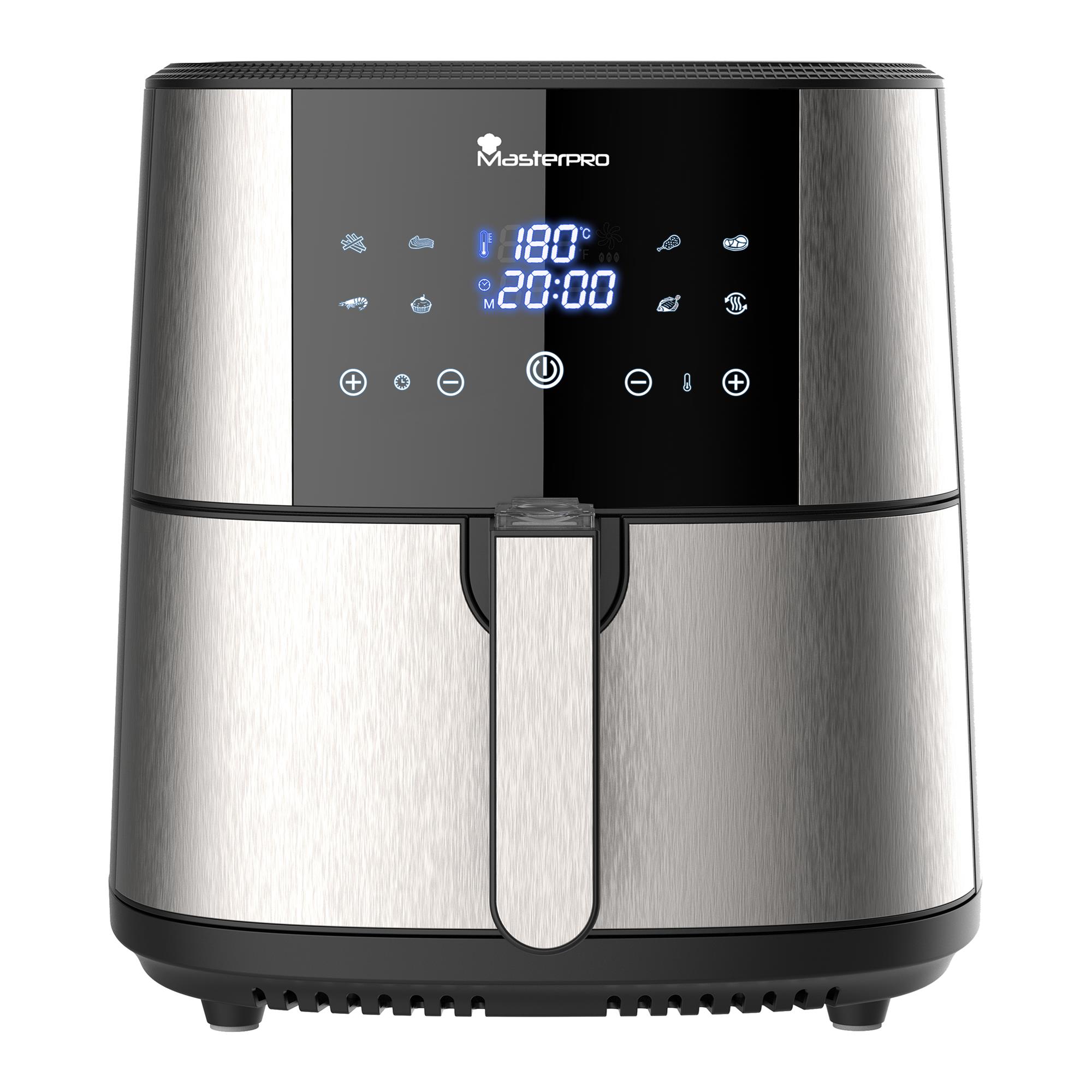 Freidora de aire Sin aceite con capacidad de 6L y 1800W de potencia con Pantalla LED táctil con 8 Funciones diferentes MasterPRO