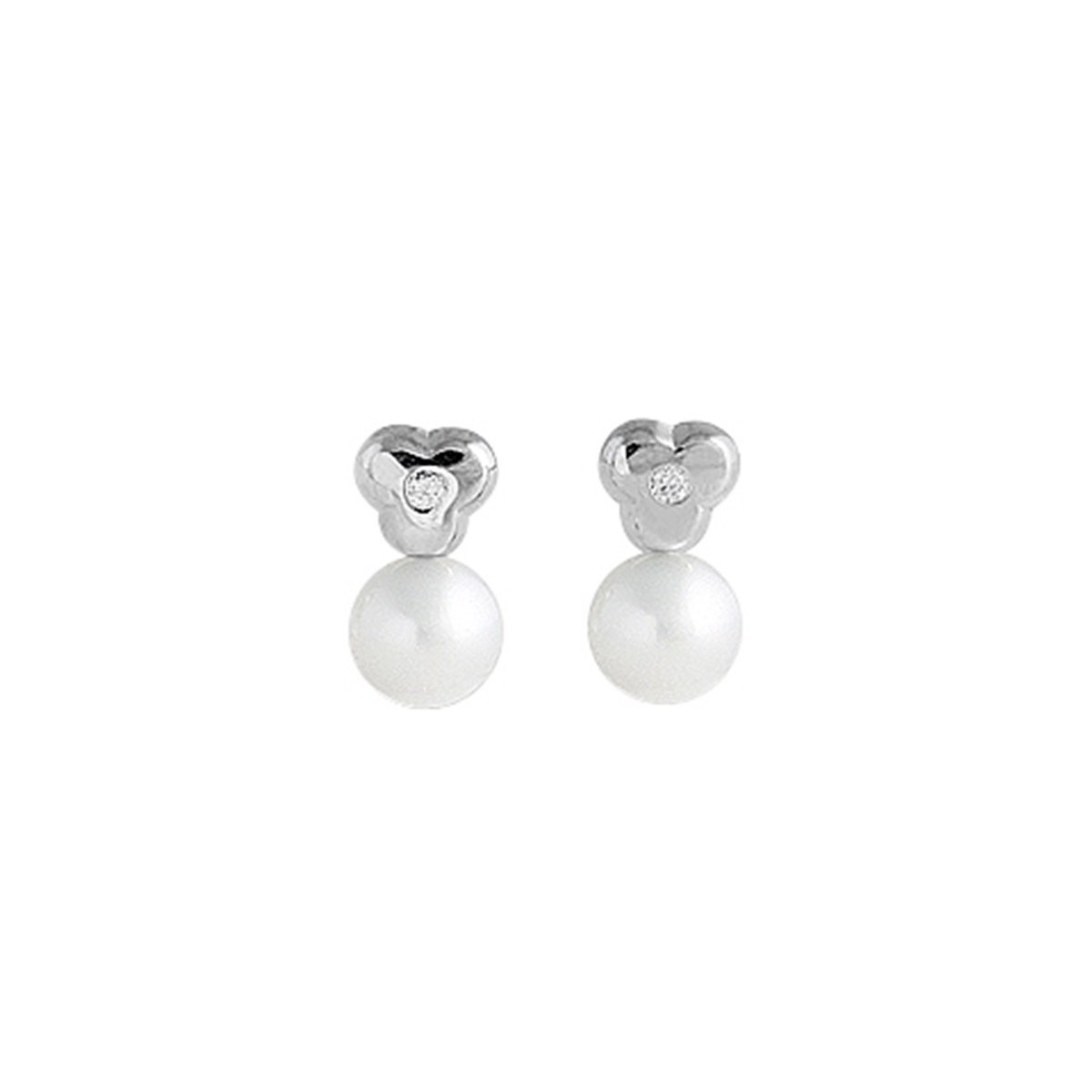 Pendientes oro blanco 18k mujer 9 mm. forma trébol perlas cultivadas 5 mm. diamantes centro 0.02ct.