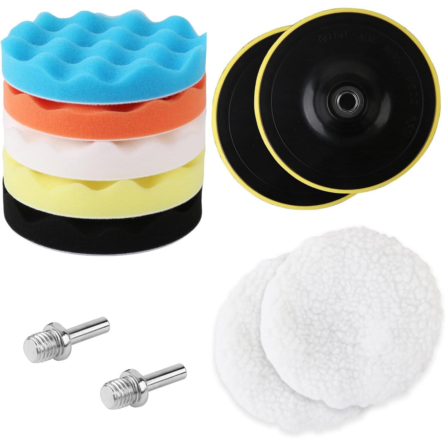 EasySpeed Kit de Pulido para Coche Moto Pintura, Esponja Grandes de 15 CM 6", 11 Piezas Con Adaptador para Taladro M14 y Almohadillas Lana para Pulir Pequeños Arañazos con Cera Pulimento, Abrillantador, Rayones, Sellado de Pintura