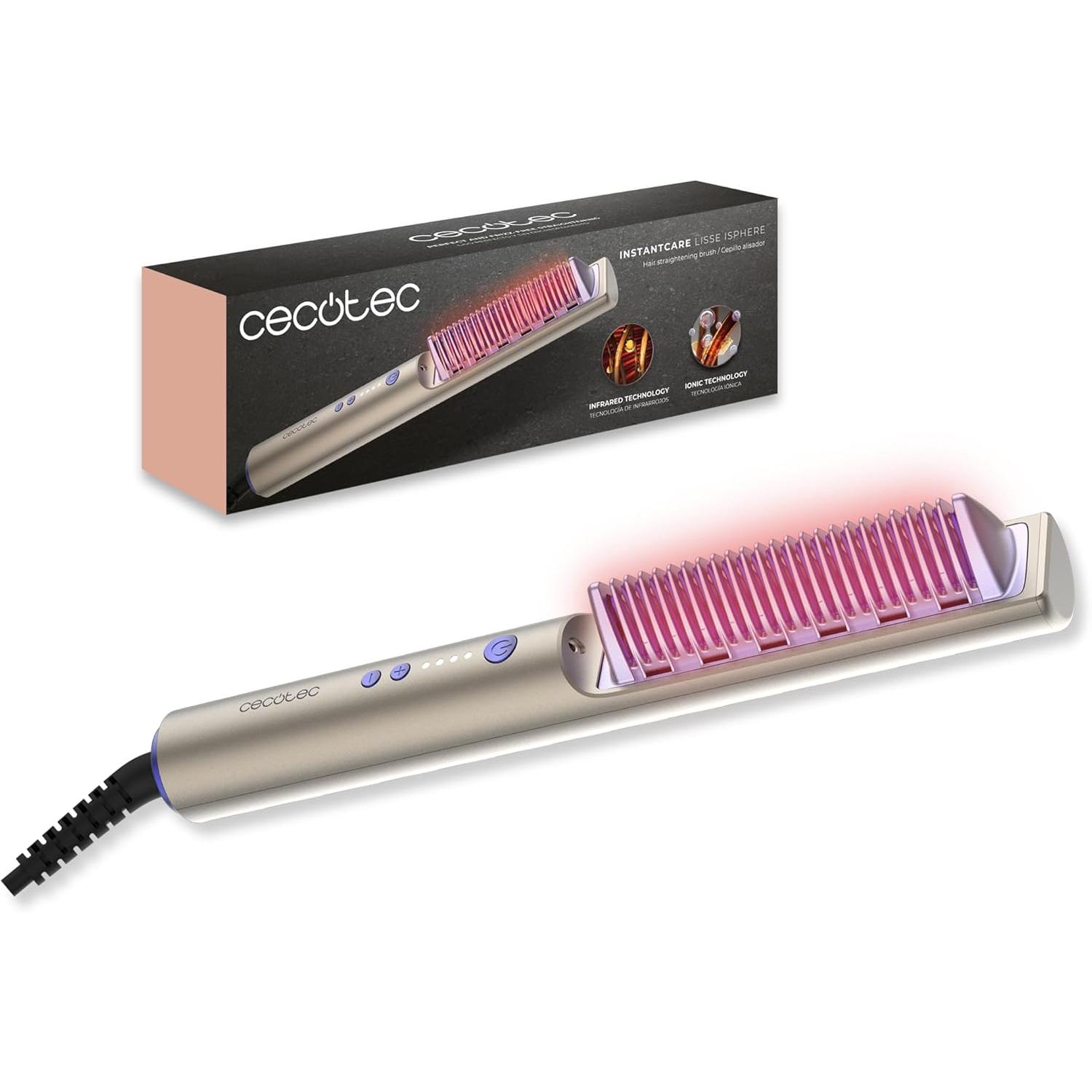 Cecotec Cepillo Alisador con Infrarrojos e Iones InstantCare Lisse iSphere. 3 Ajustes de Temperatura 140º-170ºC-200ºC, Función Memoria, Bloqueo de Temperatura, Indicadores LED