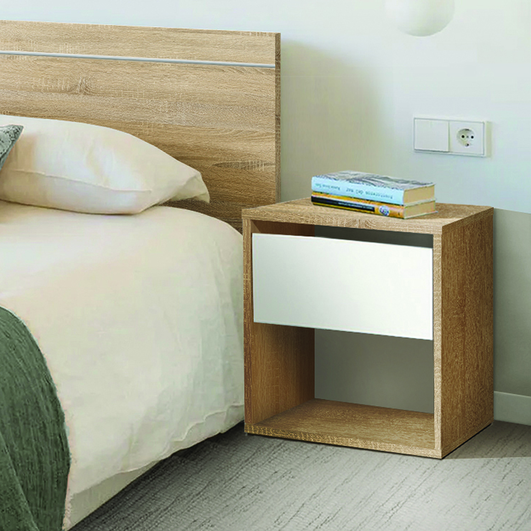Venprodin - Mesita De Noche Juvenil Con 1 Cajón 42X40X28 Cambrian-Blanco / Blanco