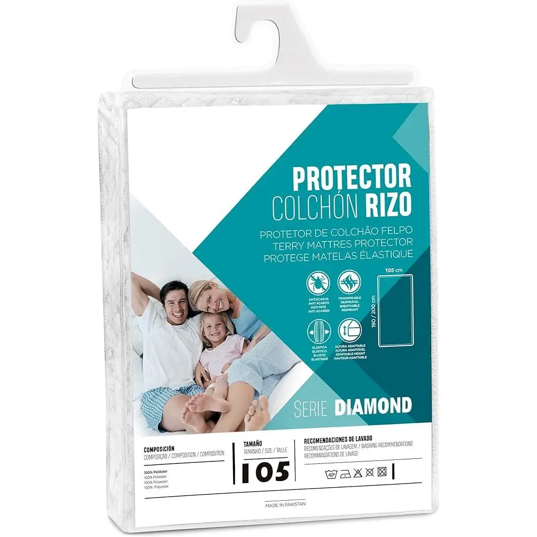 ARISE SHOP - Protector de Colchón Rizo Serie Diamond Ram'S, Bajera 100% Poliéster Blanco, 80/105/135/150cm, Algodón de Rizo Transpirable, Elástico, Lavable