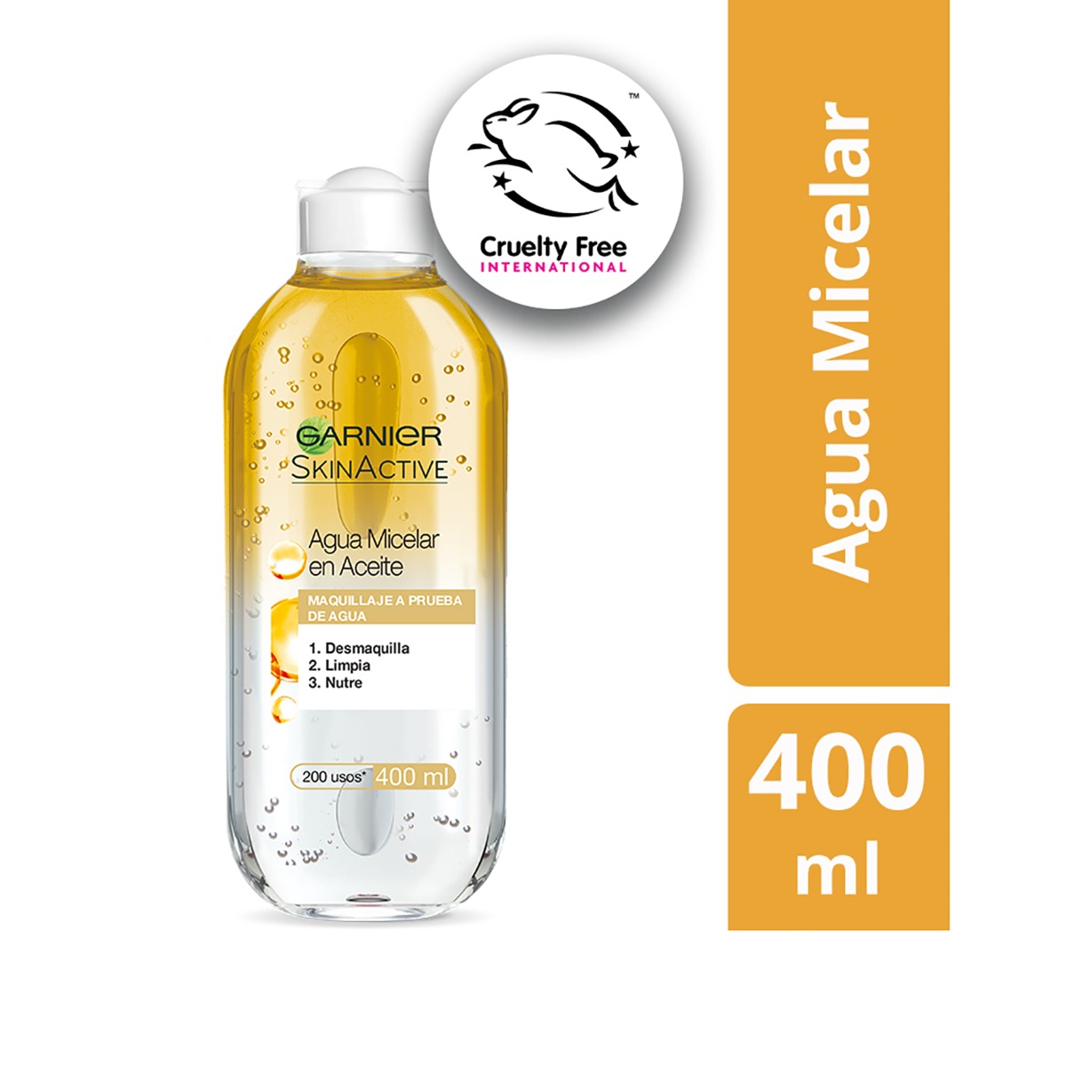 GARNIER Skin Active agua micelar en aceite elimina maquillaje waterproof para rostro labios y ojos frasco 400 ml