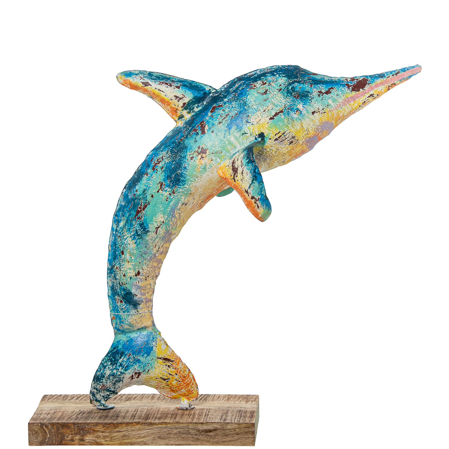 Figura delfin hierro 74cm con base madera 76x43x74cm