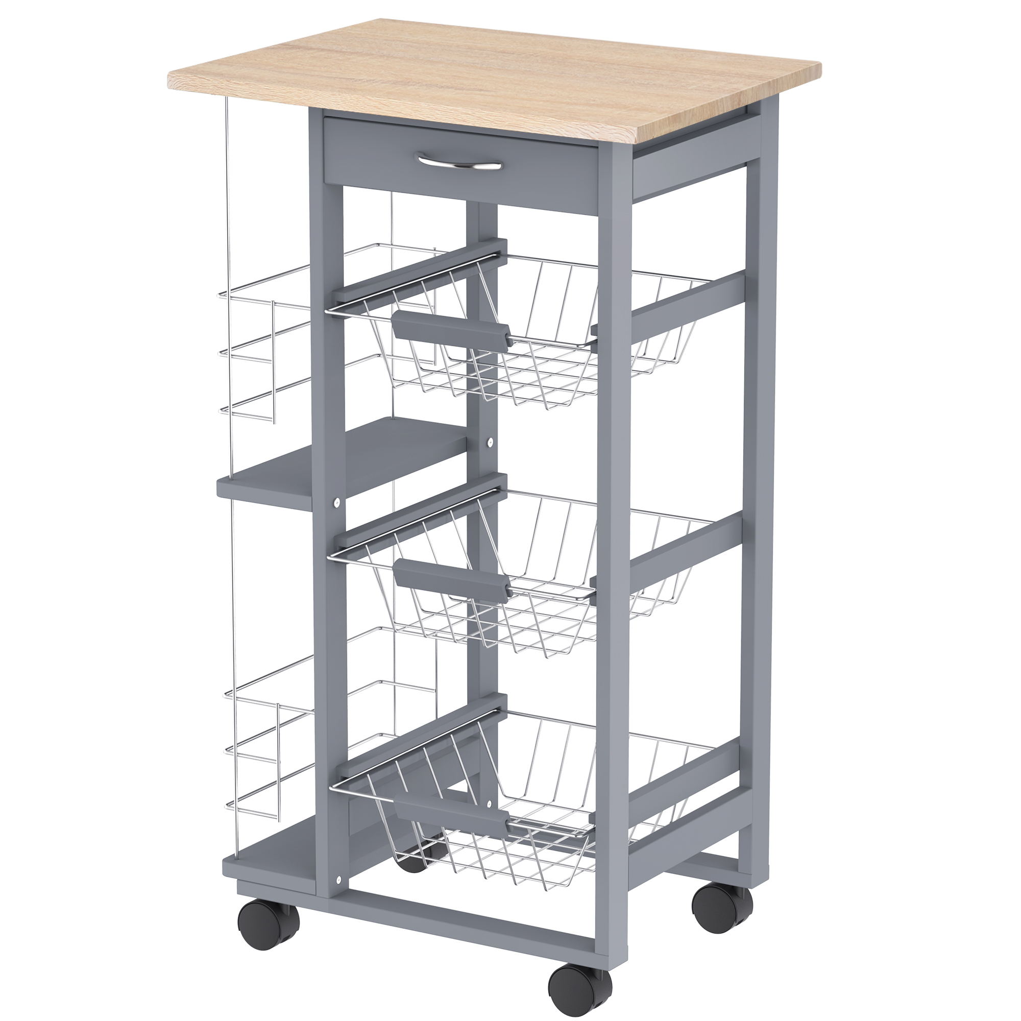 HOMCOM Carrito Auxiliar con Ruedas, Carrito de Cocina con 3 Cestas Metálicas, Cajón, 2 Especieros, Estructura de Madera de Pino, para Verduras, Frutas, para Comedor, 47x37x83 cm, Gris