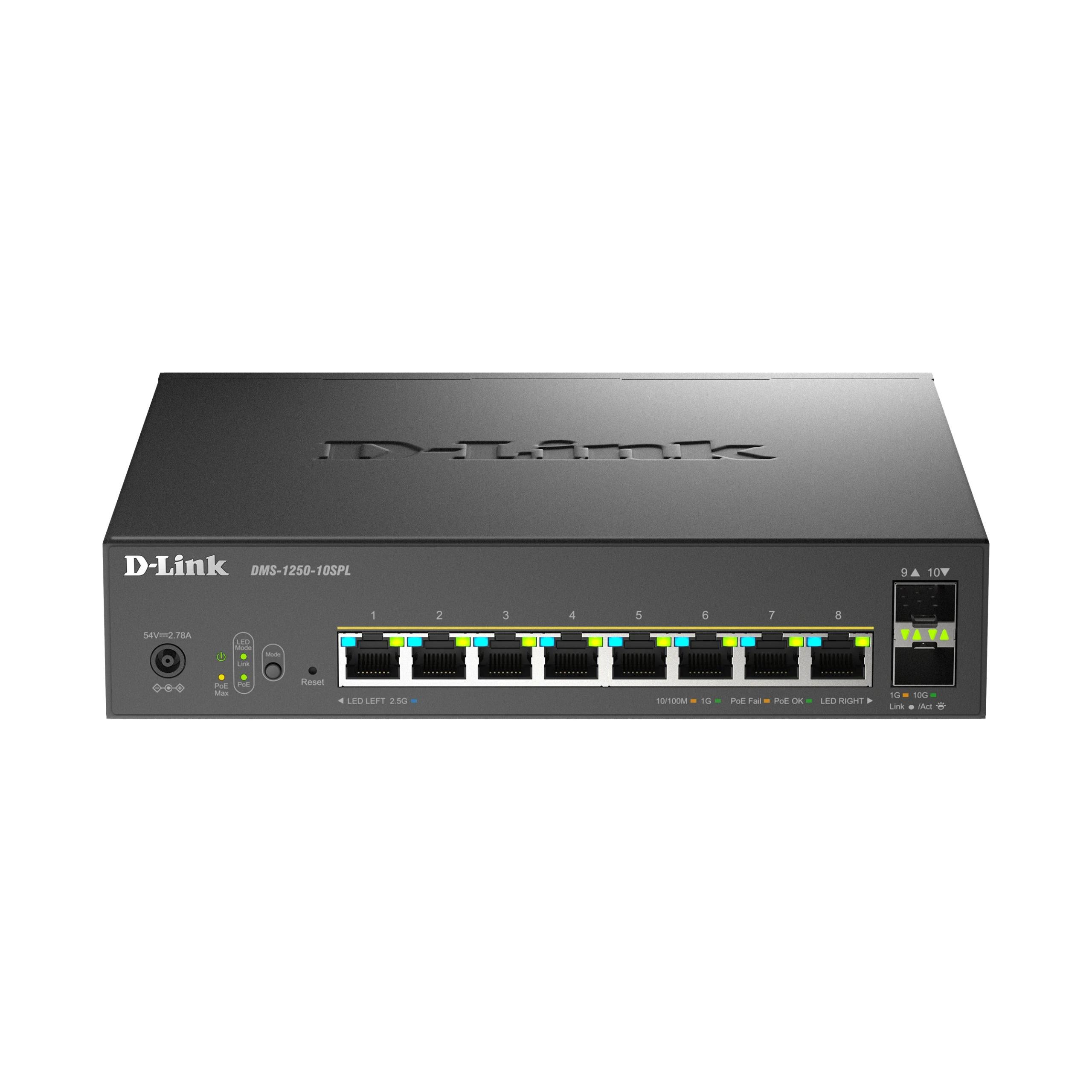 HUB Switch puertos 8 x RJ-45 2.5G (100/1000/2500) y 2 x combo SFP D-LINK DMS-1250-10SPL  | 2.5G Ethernet (100/1000/2500), NEGRO