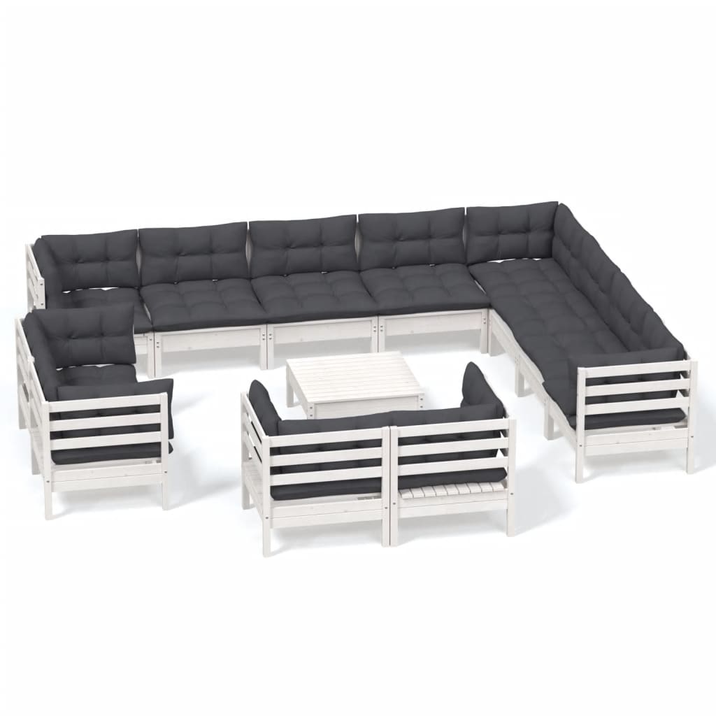 vidaXL Muebles de jardín 13 pzas y cojines blanco madera maciza pino