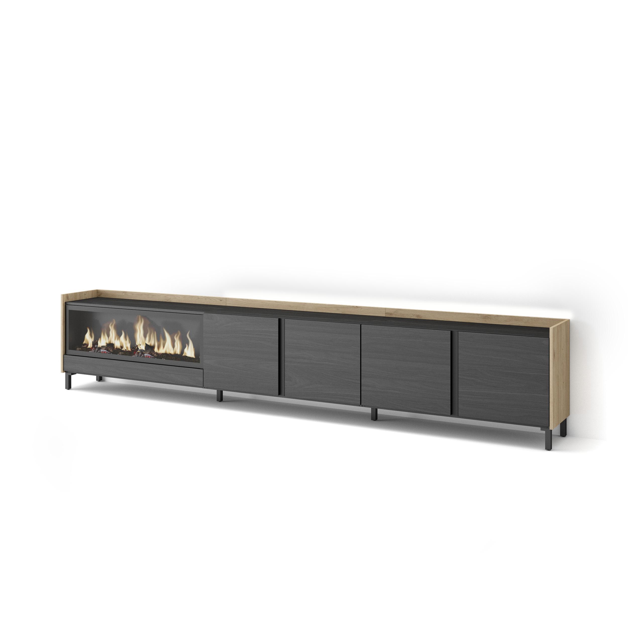 Mueble TV, Televisión, 315x35x61cm, Para TV hasta 80", Chimenea eléctrica XXL, Diseño industrial, LED