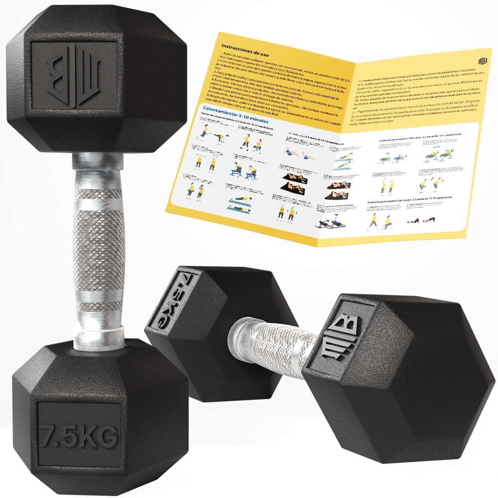 Mancuernas hexagonales de caucho profesional 10 kg, 15 kg, 20 kg, 25 kg y 30 kg - pesas antideslizantes con agarre ergonómico y barra cromada para gimnasio, fitness y musculación. MANIBOOM