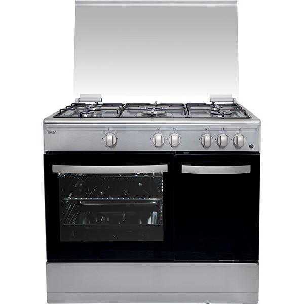 Svan - Cocina a gas de libre instalación SKGW5901PBX con 5 quemadores butano, quemador Wok triple llama, horno de 59 L y acabado inox para cocina profesional