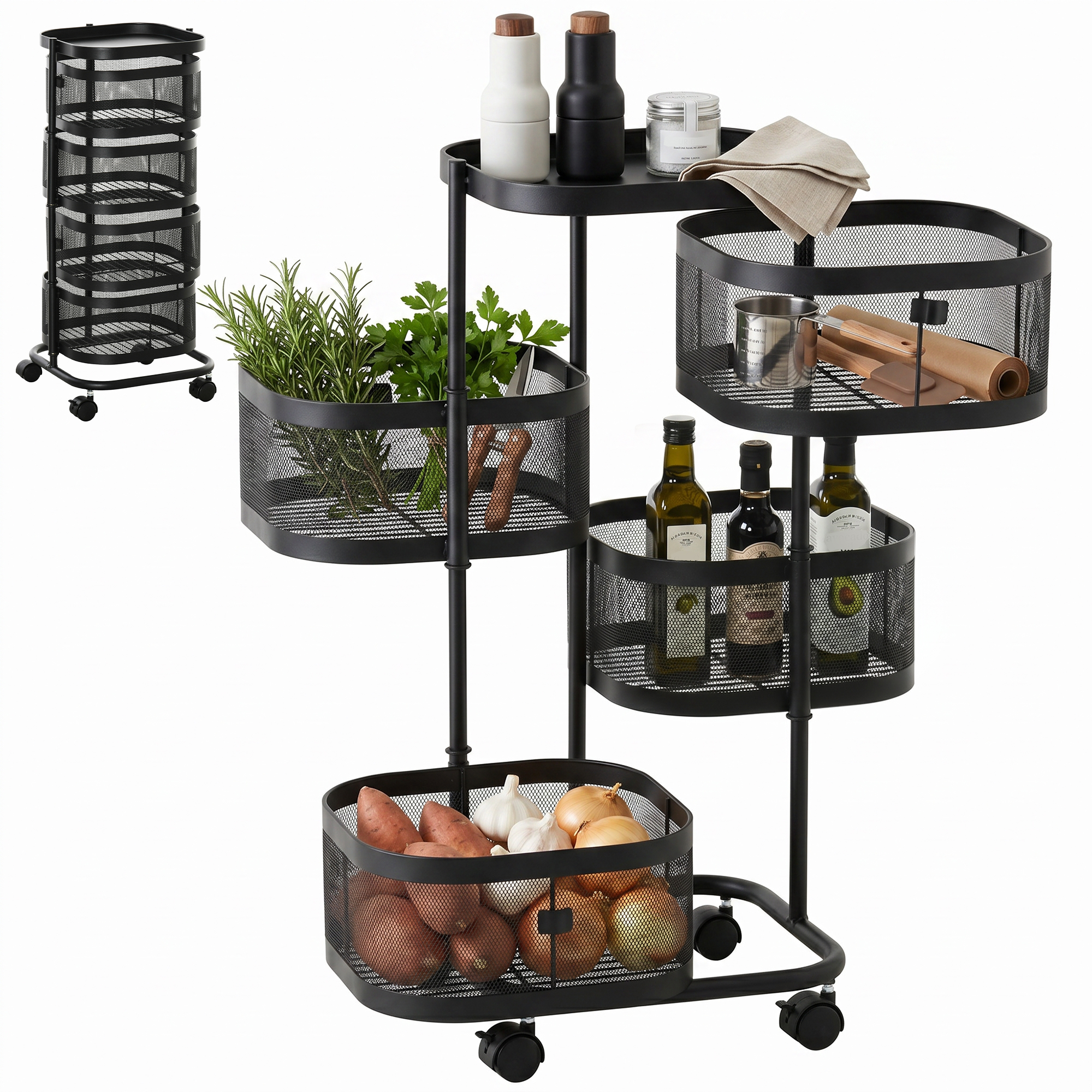 HOMCOM Carrito Auxiliar con Ruedas de 5 Niveles, Carrito de Cocina con 4 Cestas de Almacenamiento Giratorias 270° y Bandeja Superior, para Frutas, Verduras, Utensilios, 33x33x77 cm, Negro