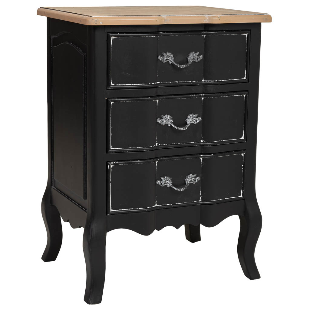 Wonderlust Deco - Mesita de madera negro encejecido 3 cajones 50x40x70h cm Negro 50x40x70h cm