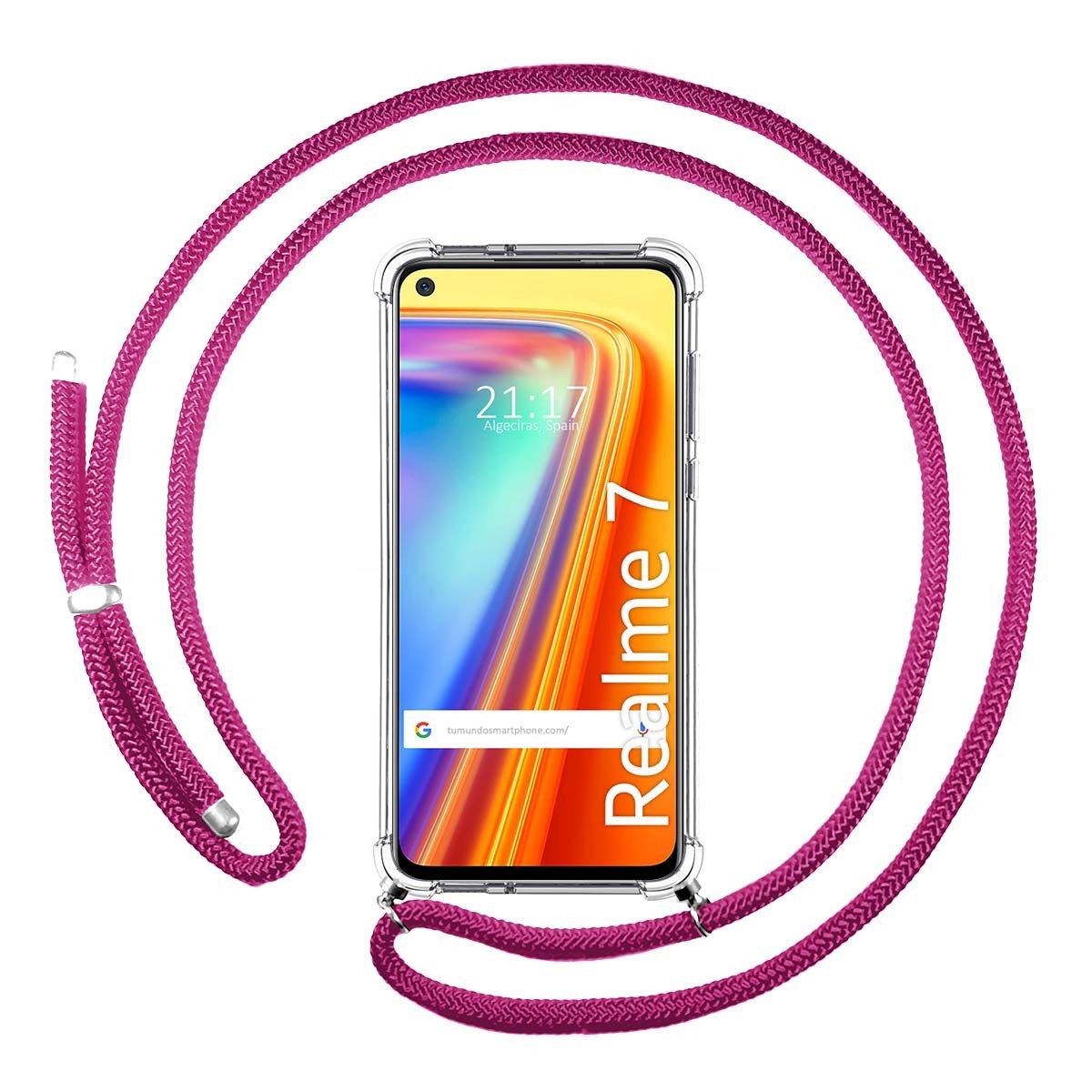 Tumundosmartphone Funda Colgante Transparente para Realme 7 con Cordon Rosa Fucsia