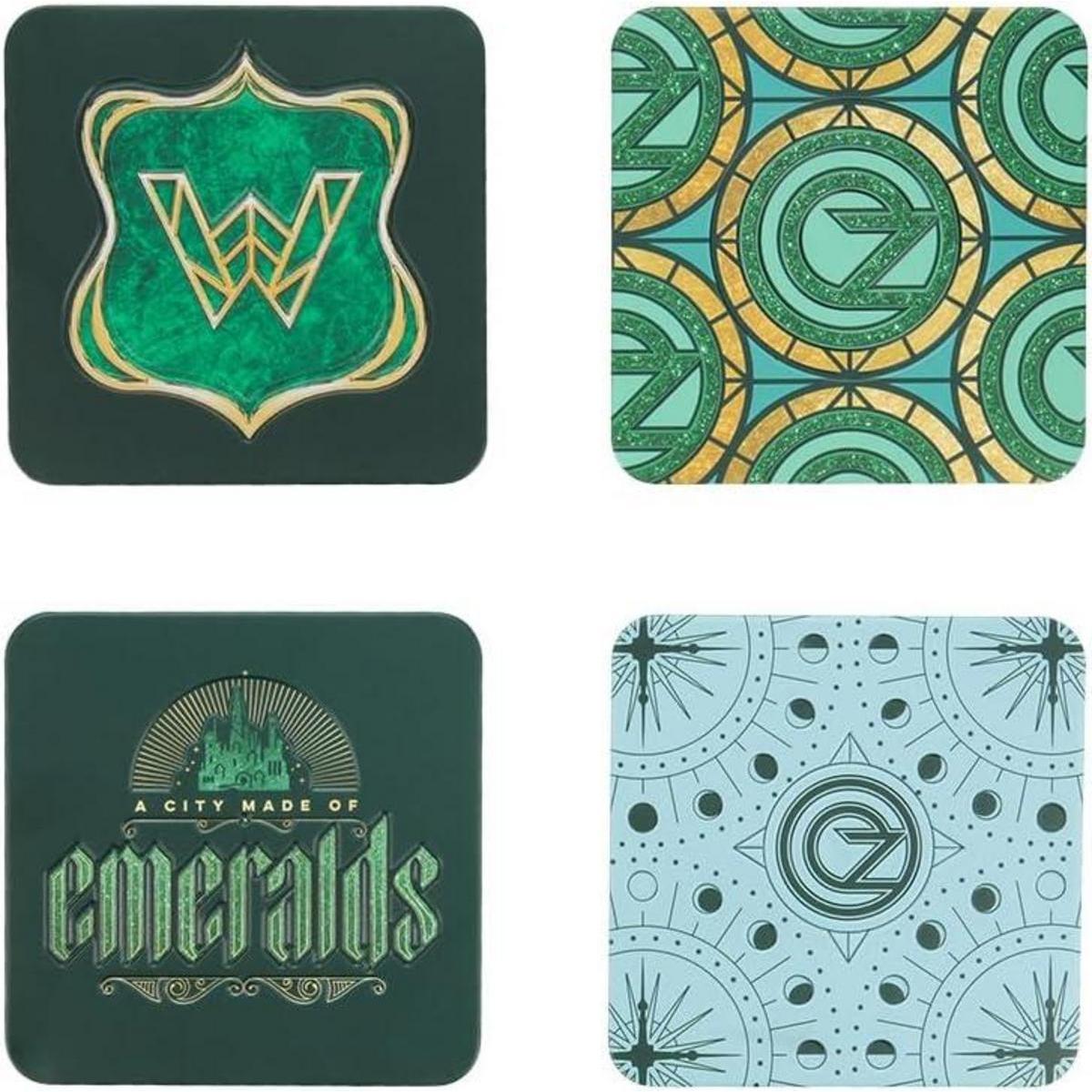 UNIVERSAL STUDIOS - Set de 4 posavasos Wicked Ciudad Esmeralda con acabo metálico y relieve