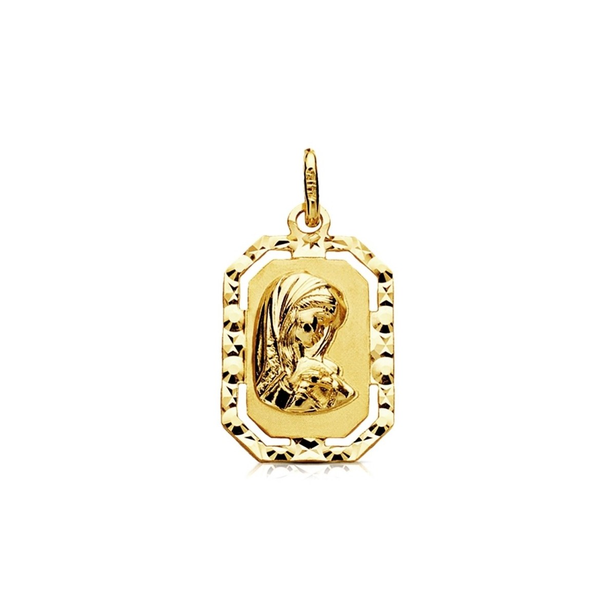 Medalla oro 9k Virgen Niña 20mm. octogonal filo tallado centro liso