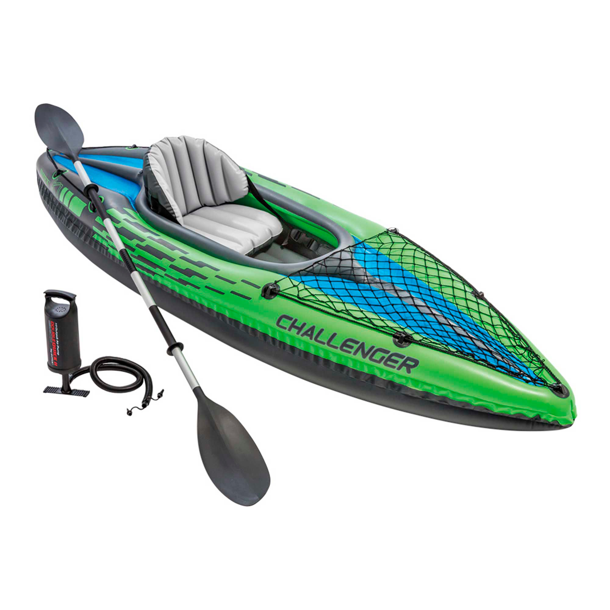 INTEX - Kayak hinchable Challenger K1 o K2, para 1 o 2 personas, con accesorios, remo e hinchador, asiento, respaldo y suelo hinchables, red de sujeción, red porta objetos, diseño verde y negro, con bolsa transporte, kayaks hinchables