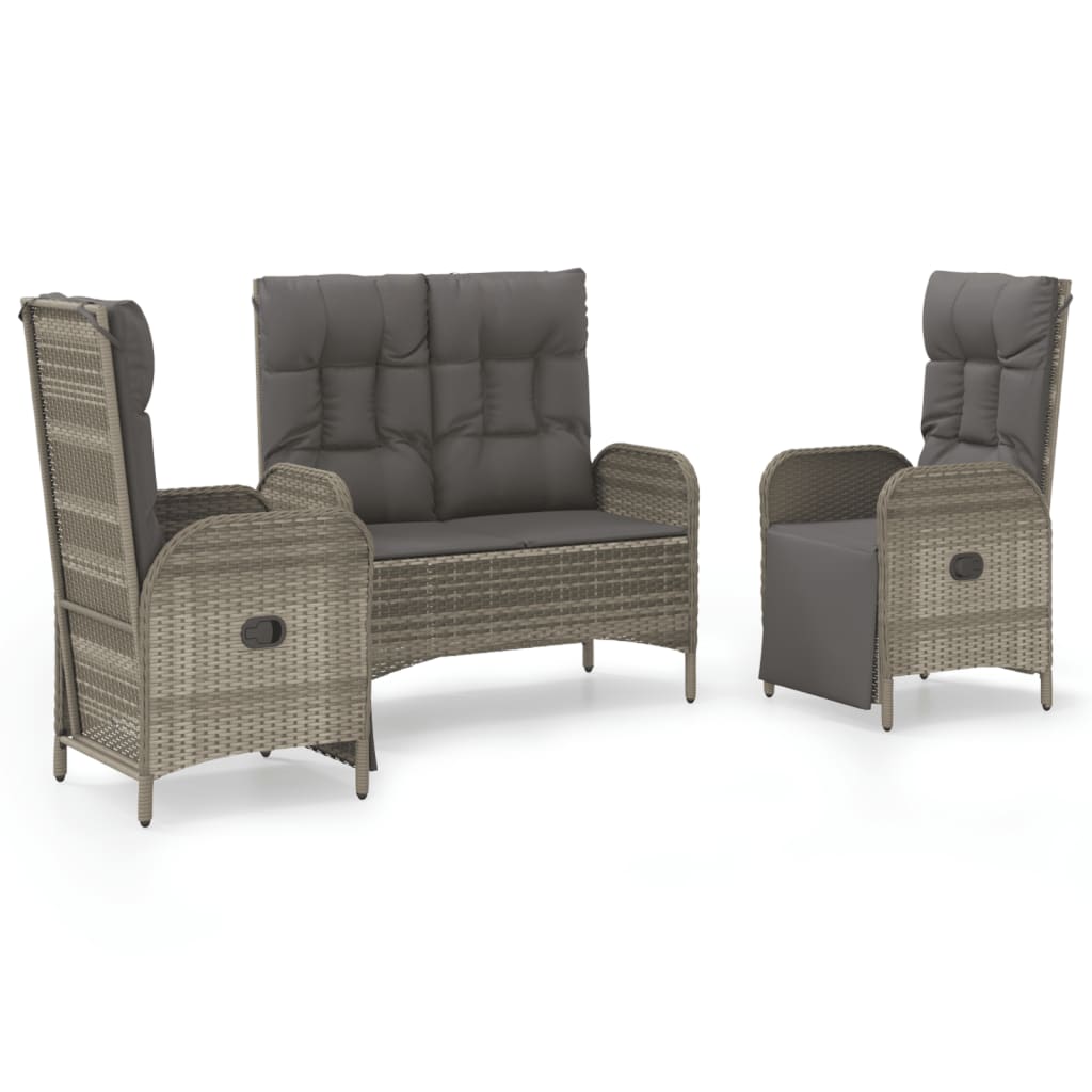 vidaXL Set comedor de jardín 3 piezas con cojines ratán sintético gris