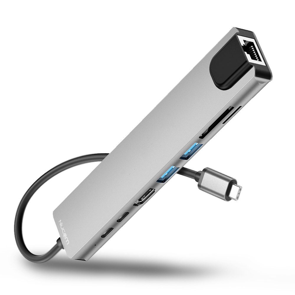 Niucom HUB USB tipo C multifunción conexión HDMI 4K Ultra HD, USB 3.0 OTG, Ethernet RJ45 100mbps, lector para tarjetas memoria SD, USB-C carga rápida y transferencia de datos para ordenador portátil, smartphone, cámara, tablet