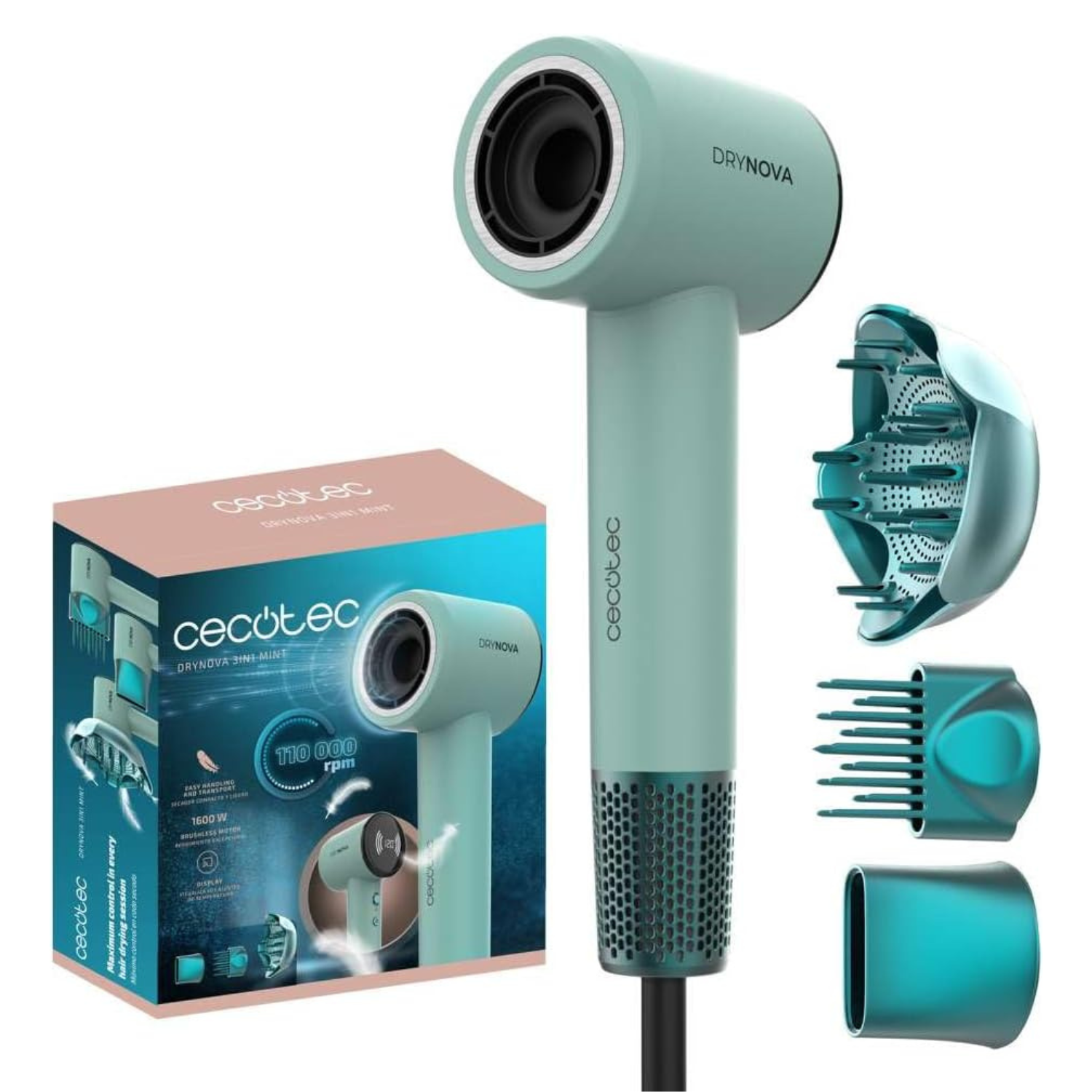 Cecotec Secador de Pelo Compacto y Ligero DryNova 3in1 1600W | 110000RPM | Motor Brushless | Riza, Seca y da Volumen | Voluminizador, Difusor y Concentrador (3 en 1) | 3 Accesorios | Generador Iones | Silencioso y Duradero | 4 Ajustes Temperatura - Menta