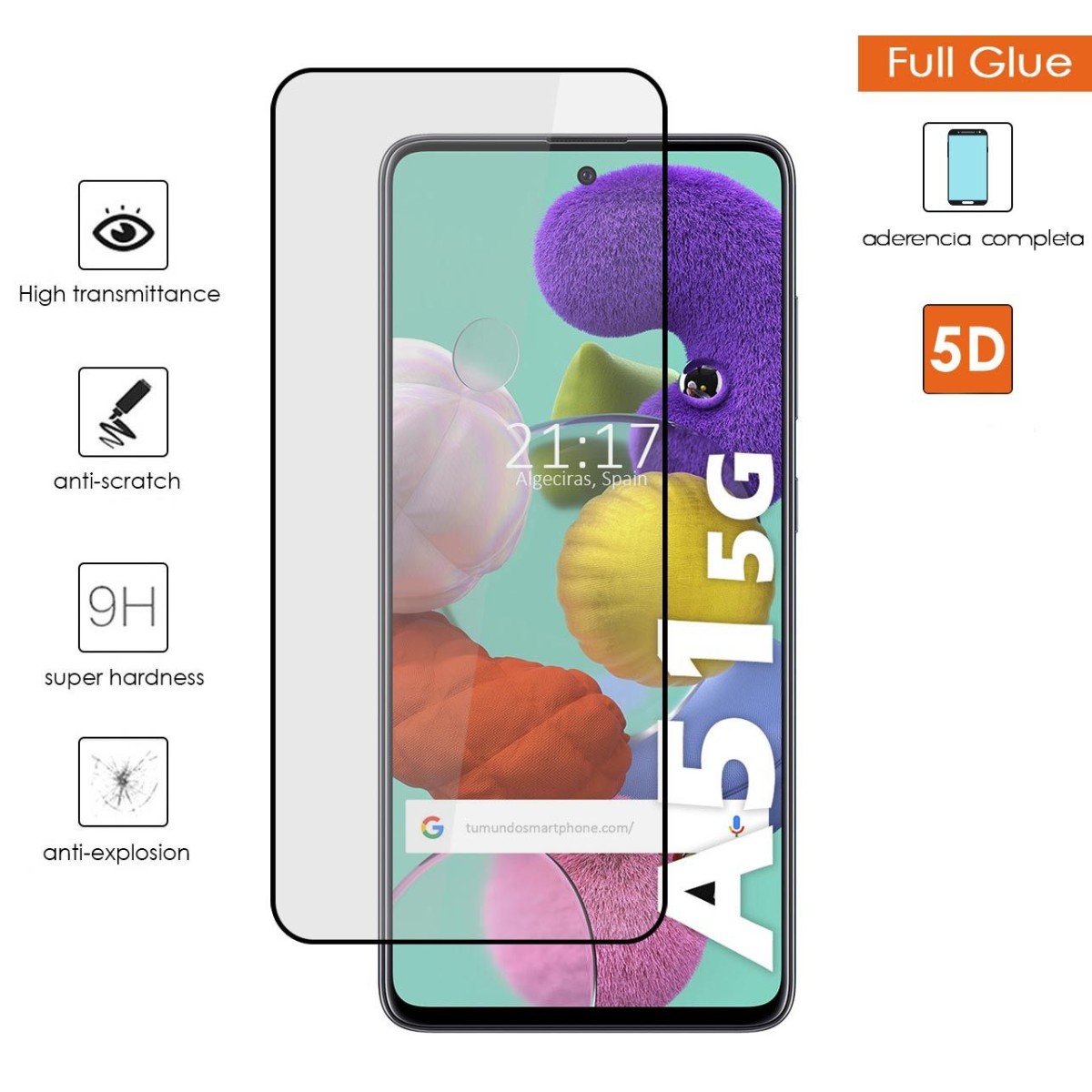 Tumundosmartphone Protector Cristal Templado Completo 5D Full Glue Negro para Samsung Galaxy A51 5G Vidrio