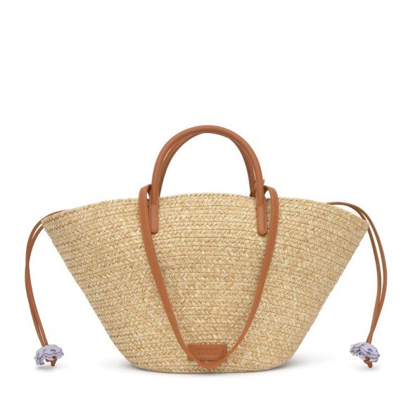 TOUS - Capazo Summer Holidays 2002438543 artesanal de fibra orgánica natural con acabado trenzado y detalles en piel genuina, base firme y cierre con cordones decorativos, perfecto para uso diario y viajes cortos