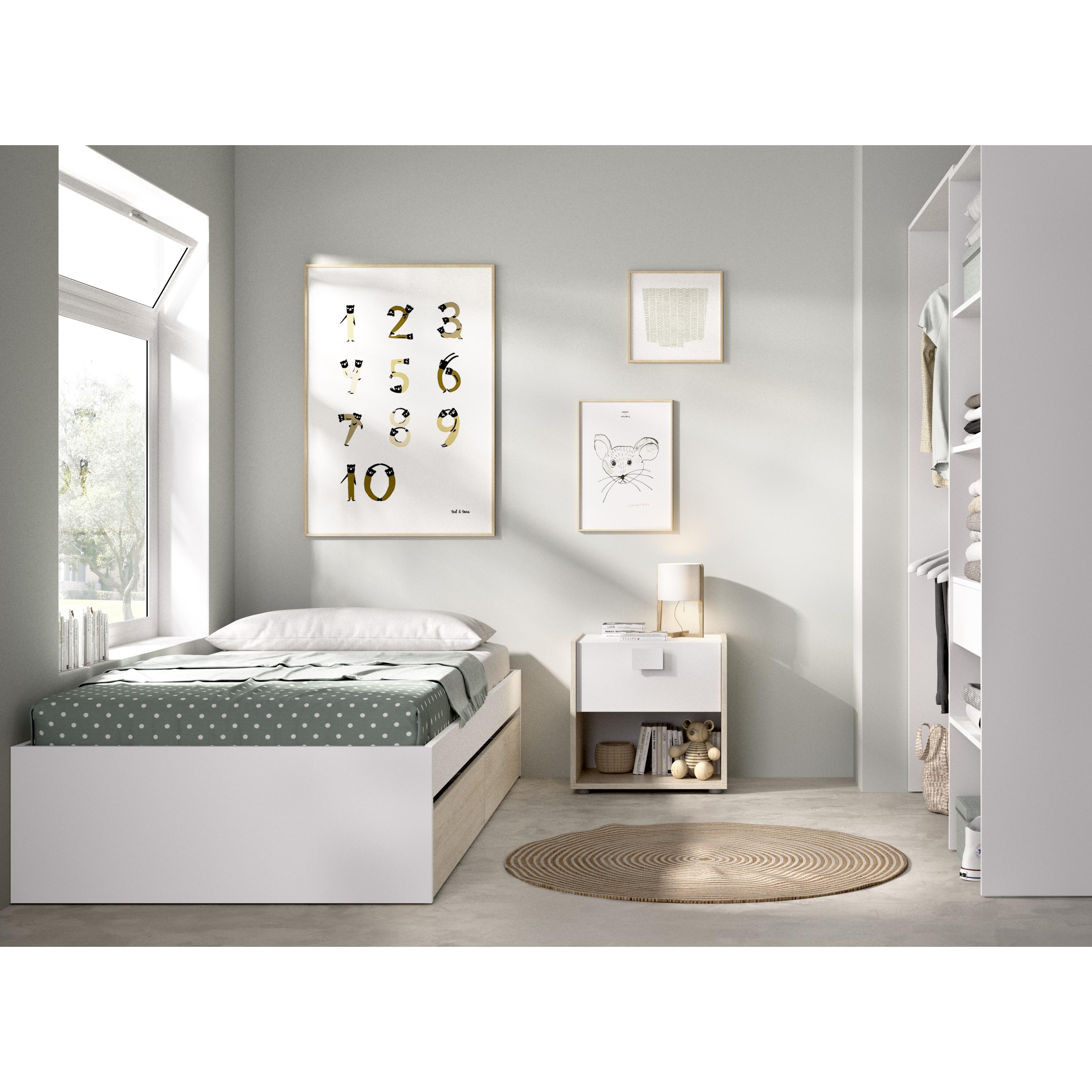 DEKIT GRUPO RIMOBEL LAGO PACK - CONJUNTO DE CAMA NIDO CON 2 CAJONES, MESITA DE NOCHE Y ARMARIO VESTIDOR - BLANCO / NATURAL