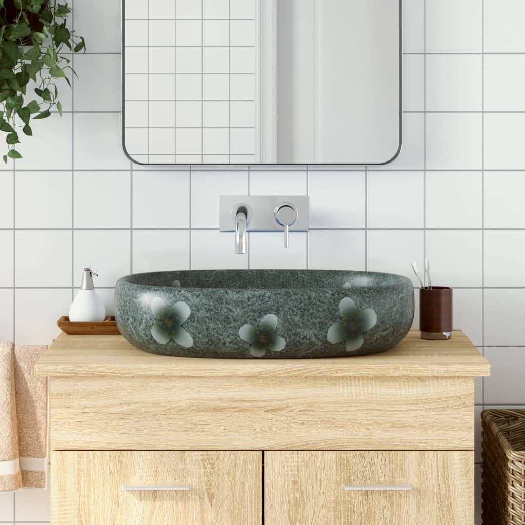 vidaXL Lavabo sobre Encimera Ovalado Lavamanos de Baño Cerámica Arena Color Gris y negro,  Morado,  Azul oscuro y mas