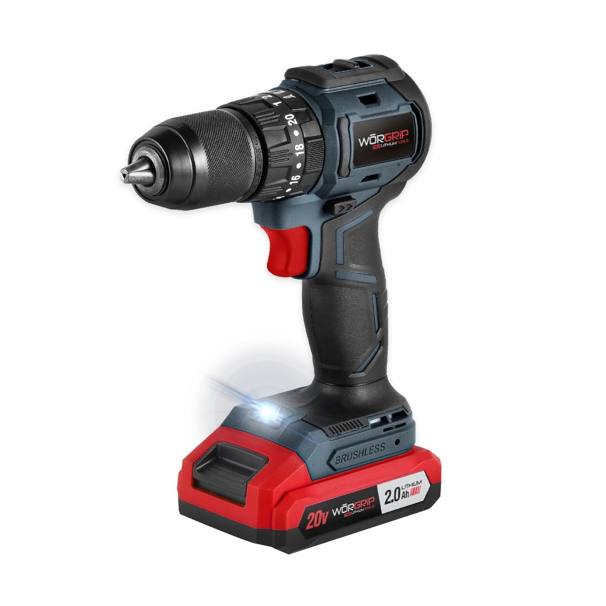 Taladro Percutor Compacto Brushless WORGRIP 20V – 2.0Ah - Accesorios incluidos: cinturón, batería, cargador, 13 brocas y puntas.