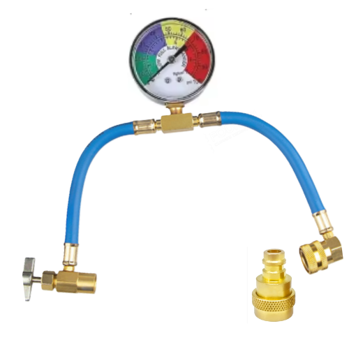 Kit de carga para coches R1234yf con mangueras, manómetro, llave y conector de baja presión de fácil conexión, ideal para recarga y mantenimiento de aire acondicionado automotriz