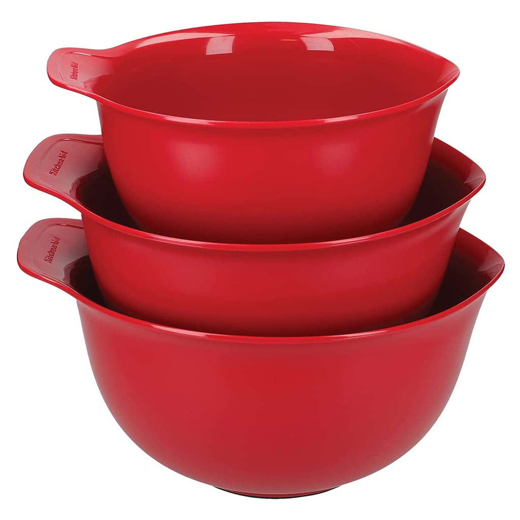 Set de 3 Boles Mezcladores KitchenAid Apilables de 4,3L, 3,3L y 2,4L con Pico Vertedor y Base Antideslizante - Rojo