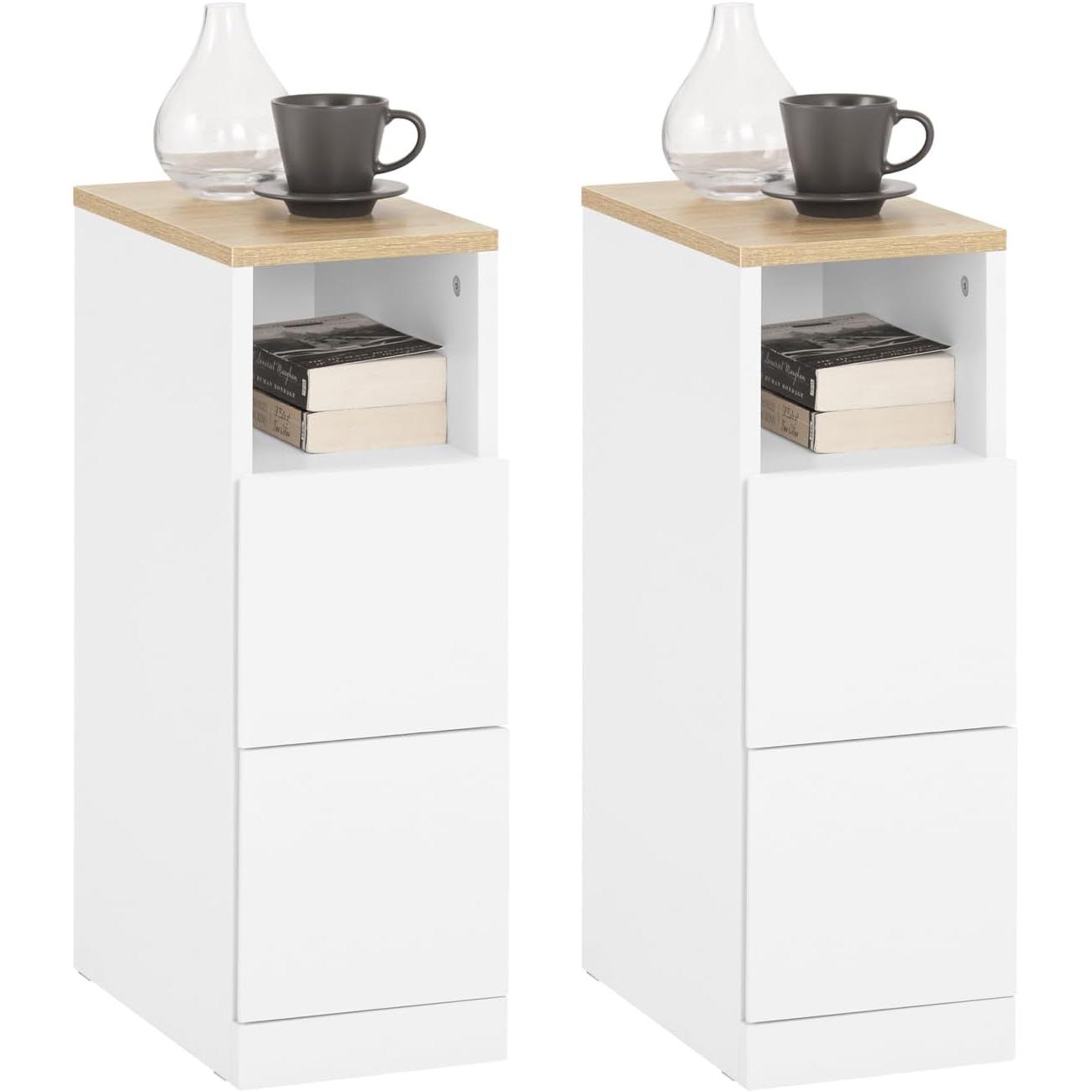 SoBuy Mesita de Noche Estrecha con 2 Cajones y Estante, Blanco/Roble, 13.7x7.8x23.6 cm