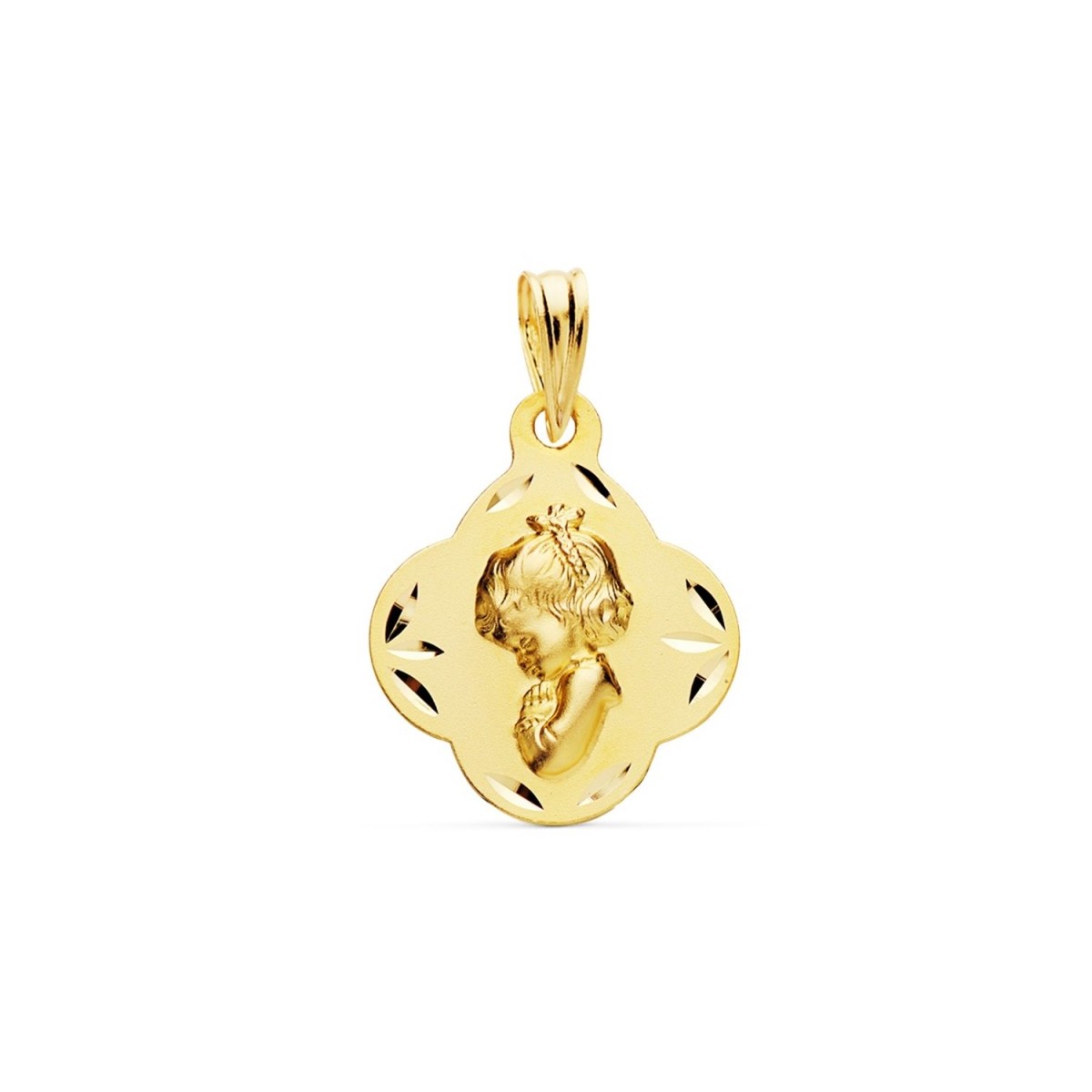 Medalla oro 18k Virgen Niña 19mm. borde tallado rombo