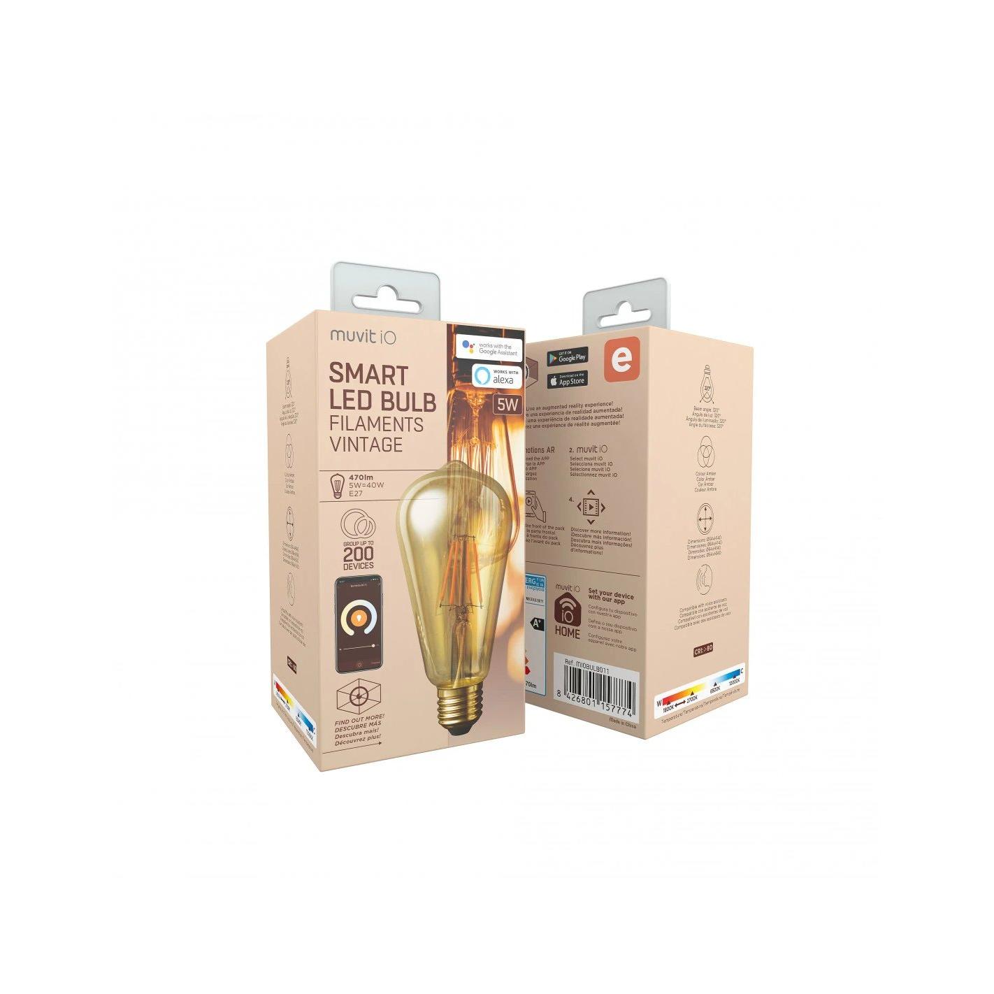 Iluminación Smart Home Bombilla inteligente Filamentos Vintage Edison Wi?Fi 2.4GHz 5W E27 Vintage Edison (formato ST64), Ø64 x H140 mm MUVIT ST64-F-I