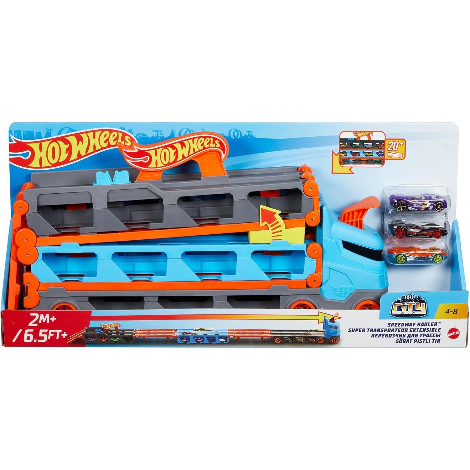 Hot Wheels Camión de Transporte Convertible en Pista para Coches de Juguete, almacena 20 vehículos, Incluye 3 Die-Casts (Mattel GVG37)