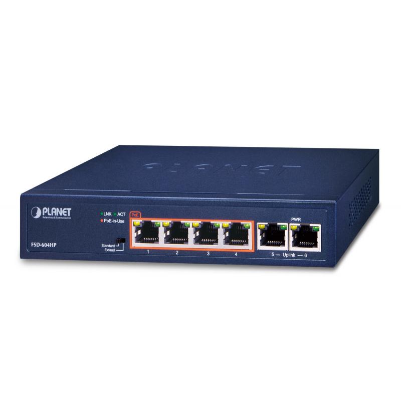 PLANET FSD-604HP switch No administrado Fast Ethernet (10/100) Energía sobre Ethernet (PoE) Azul
