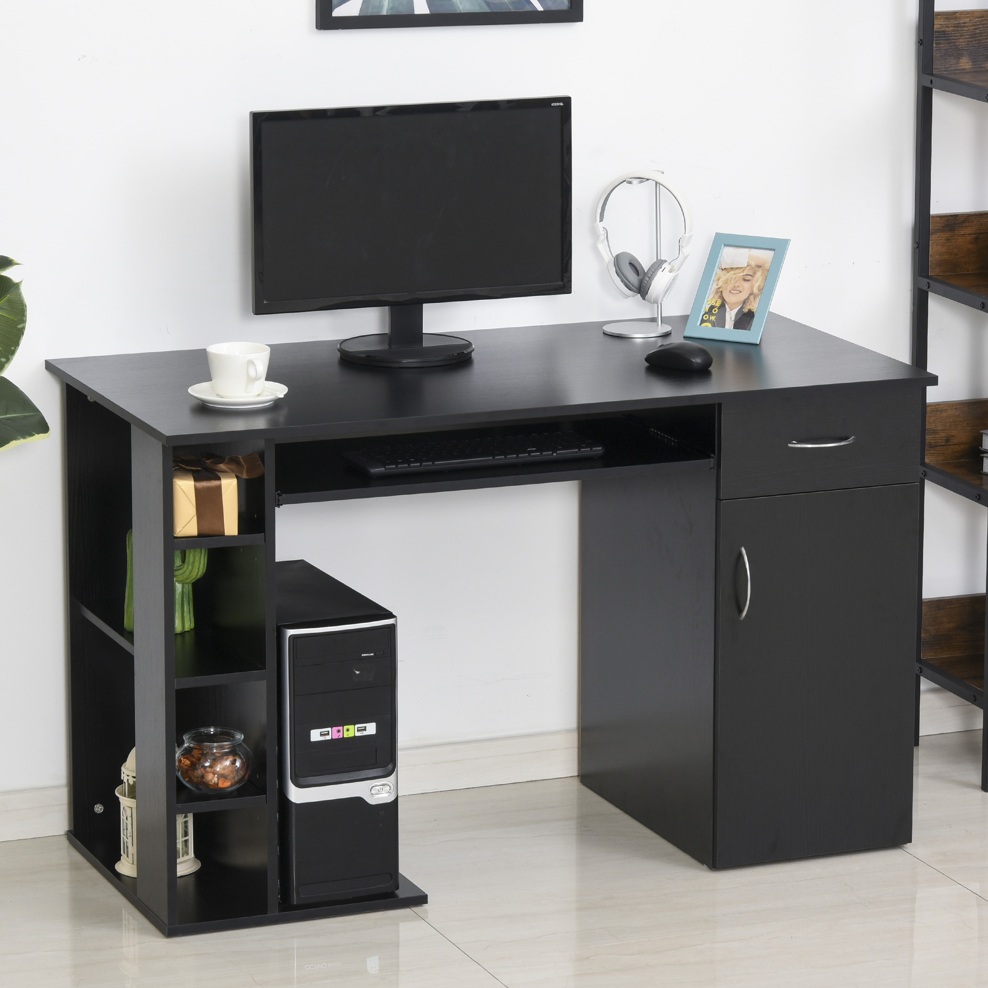 Mesa de Ordenador PC 120 cm Mesa Escritorio de Oficina con Múltiples  Estantes Cajón Bandeja de Teclado Soportes para Monitor Impresora 152x60x88  cm